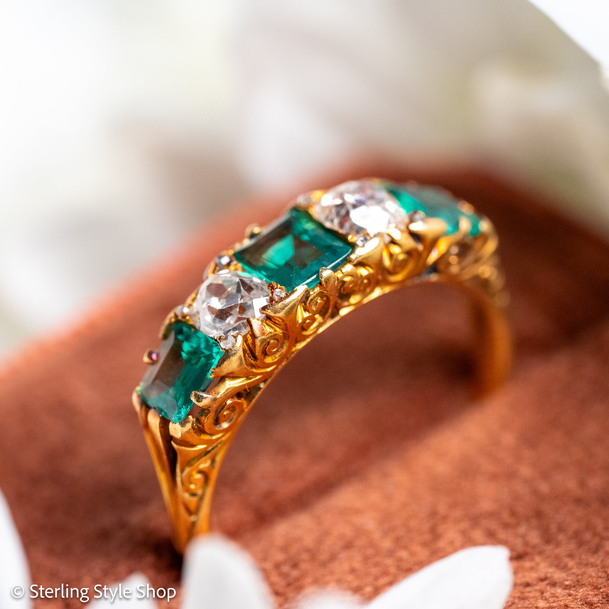 Antique Victorian Emerald Diamond Five Stone Ring, 18k Gold, GIA Colombian No Oil