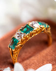 Antique Victorian Emerald Diamond Five Stone Ring, 18k Gold, GIA Colombian No Oil