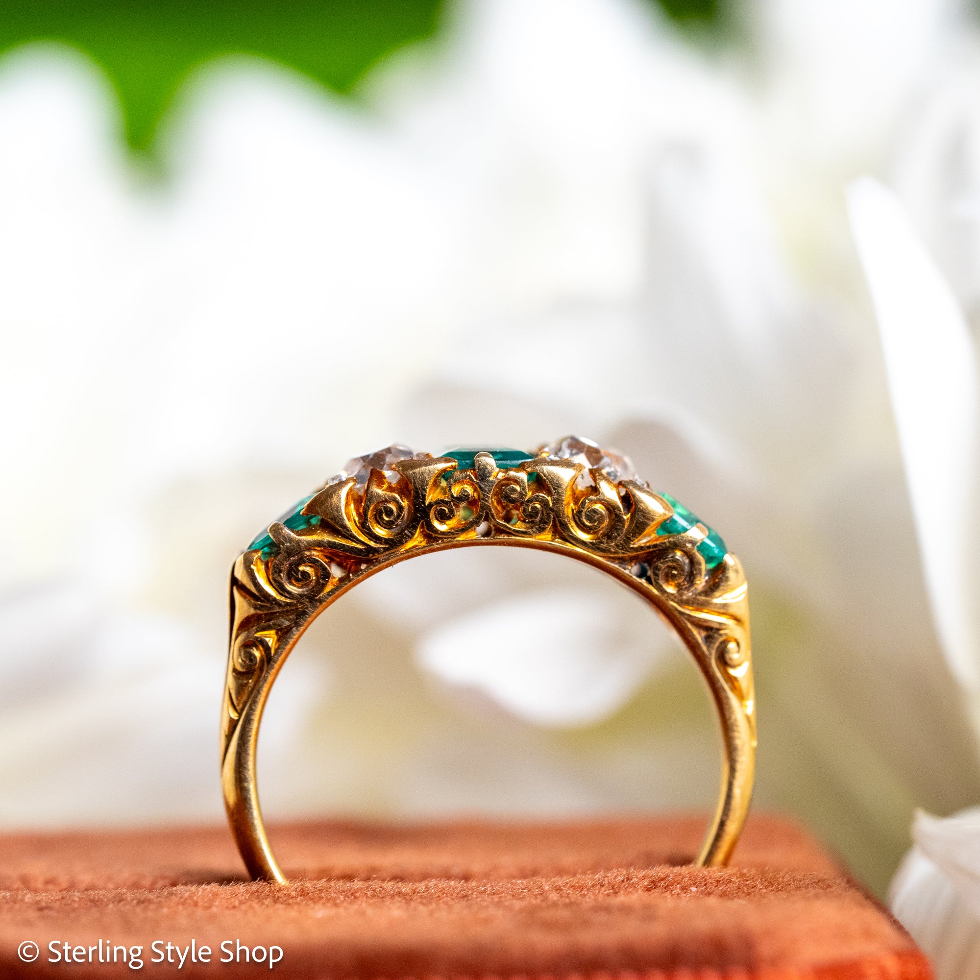 Antique Victorian Emerald Diamond Five Stone Ring, 18k Gold, GIA Colombian No Oil