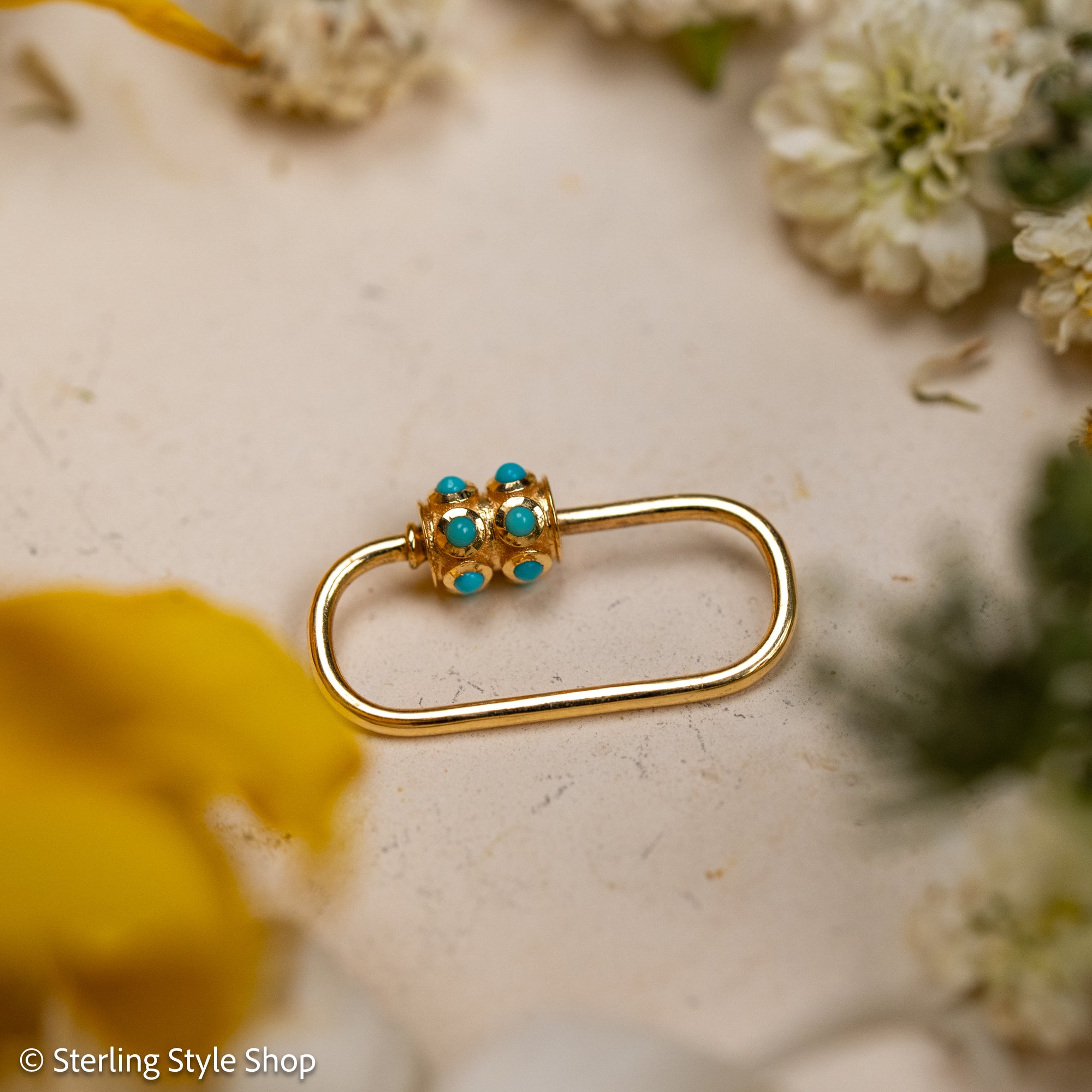 14K Gold Turquoise Carabiner Clasp, Screw Lock, Small Oval Charm Connector