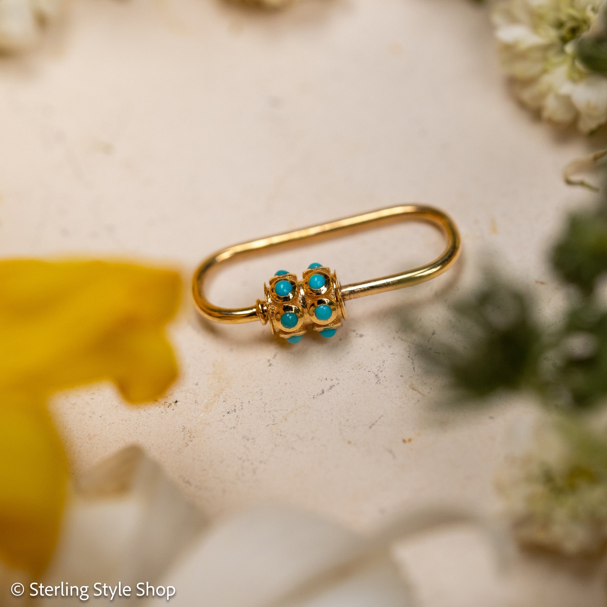 14K Gold Turquoise Carabiner Clasp, Screw Lock, Small Oval Charm Connector