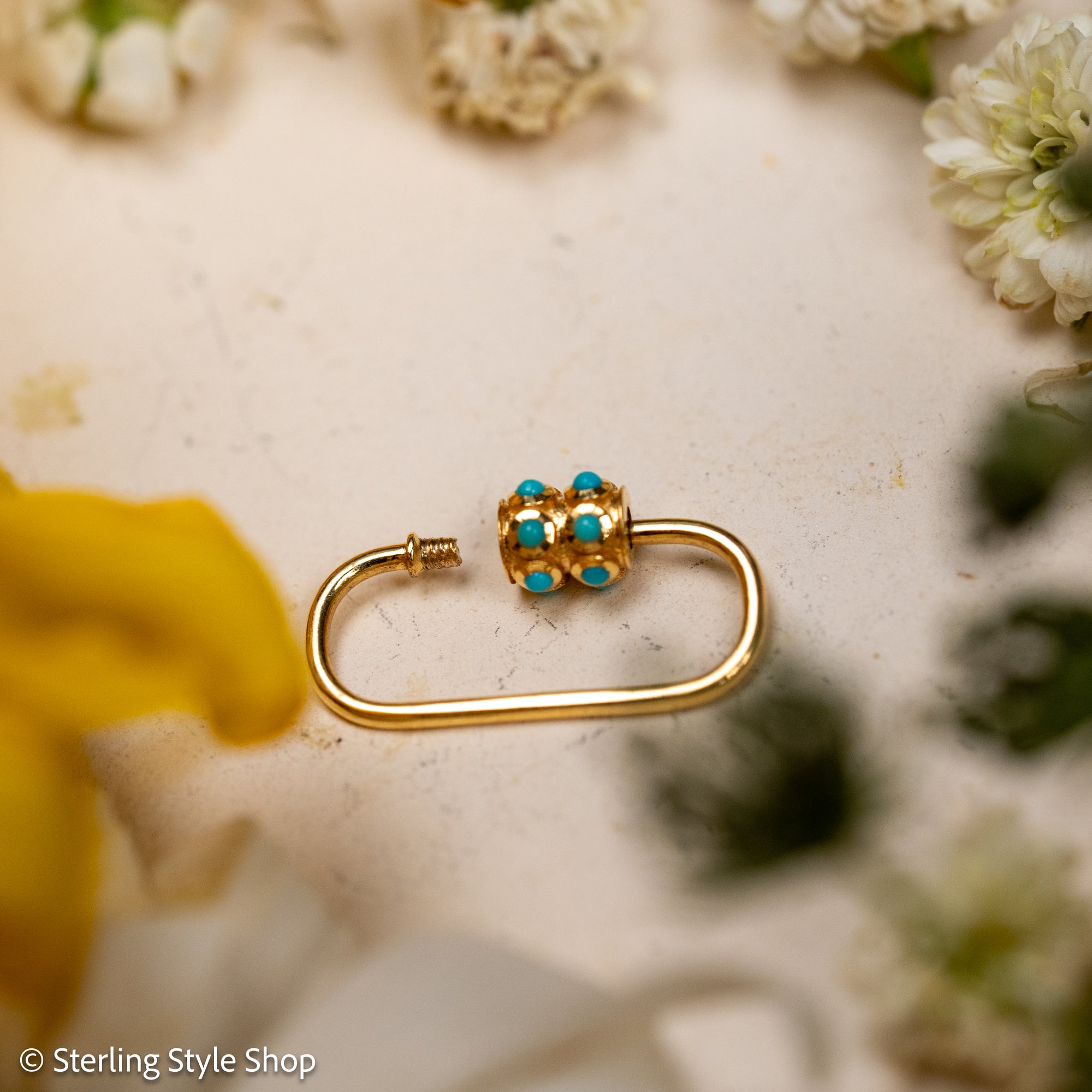 14K Gold Turquoise Carabiner Clasp, Screw Lock, Small Oval Charm Connector