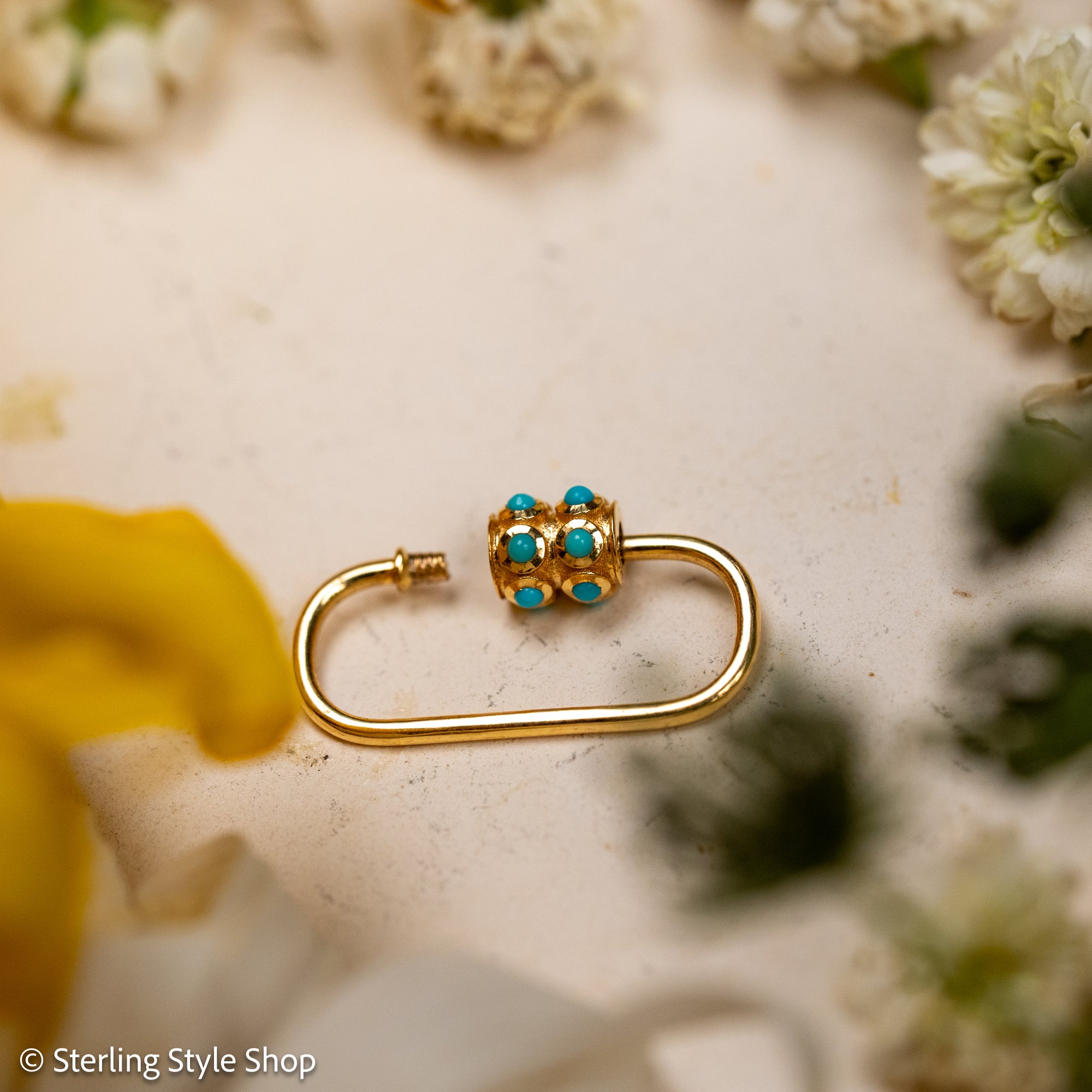 14K Gold Turquoise Carabiner Clasp, Screw Lock, Small Oval Charm Connector