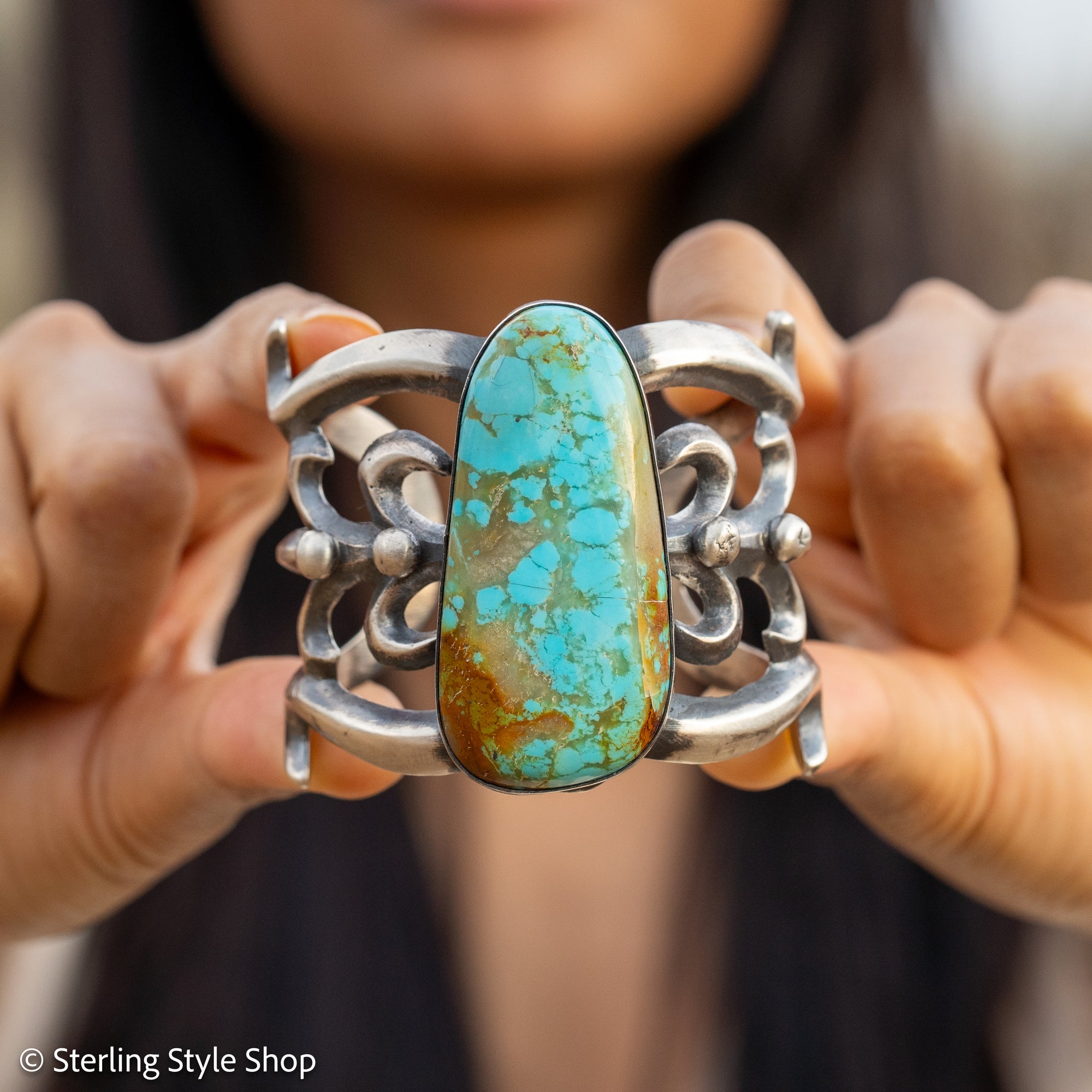 Chimney Butte Sandcast Cuff, Number 8 Turquoise, Navajo Sterling Silver, 150g