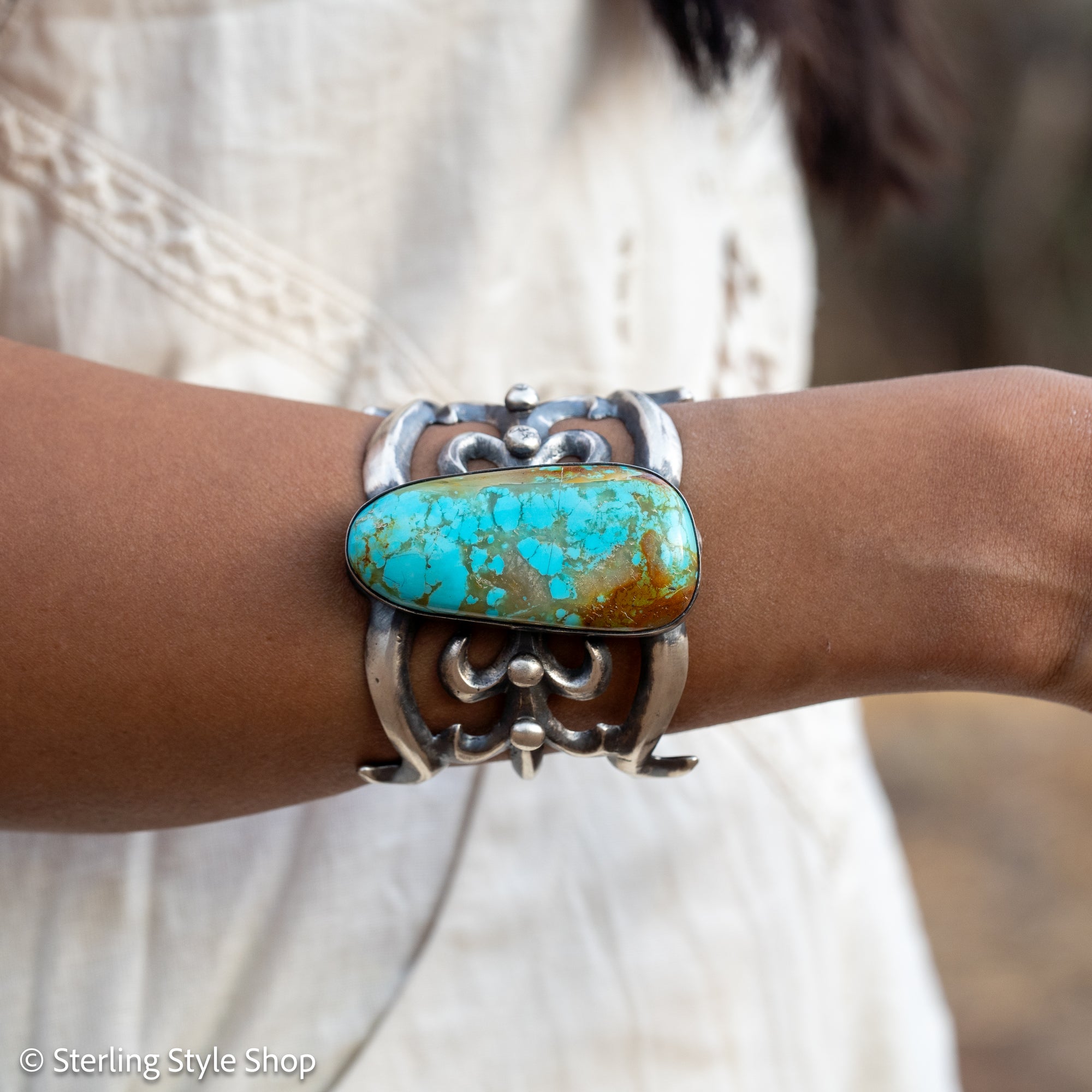 Chimney Butte Sandcast Cuff, Number 8 Turquoise, Navajo Sterling Silver, 150g