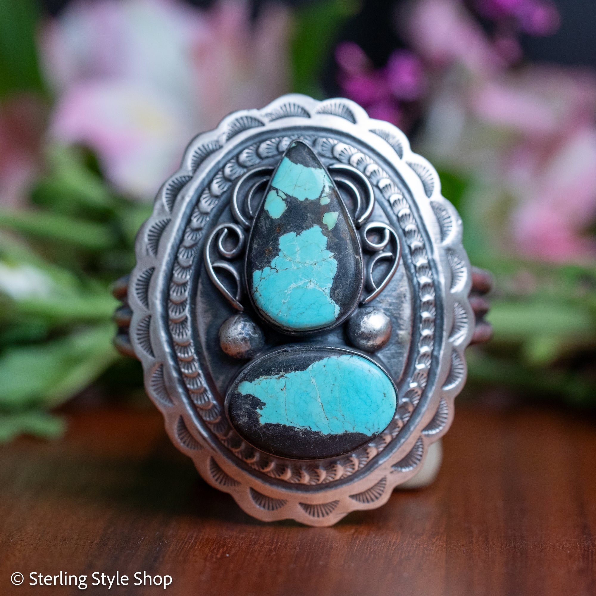 Chimney Butte Turquoise Cuff, Two Number 8 Stones, Navajo Sterling Silver