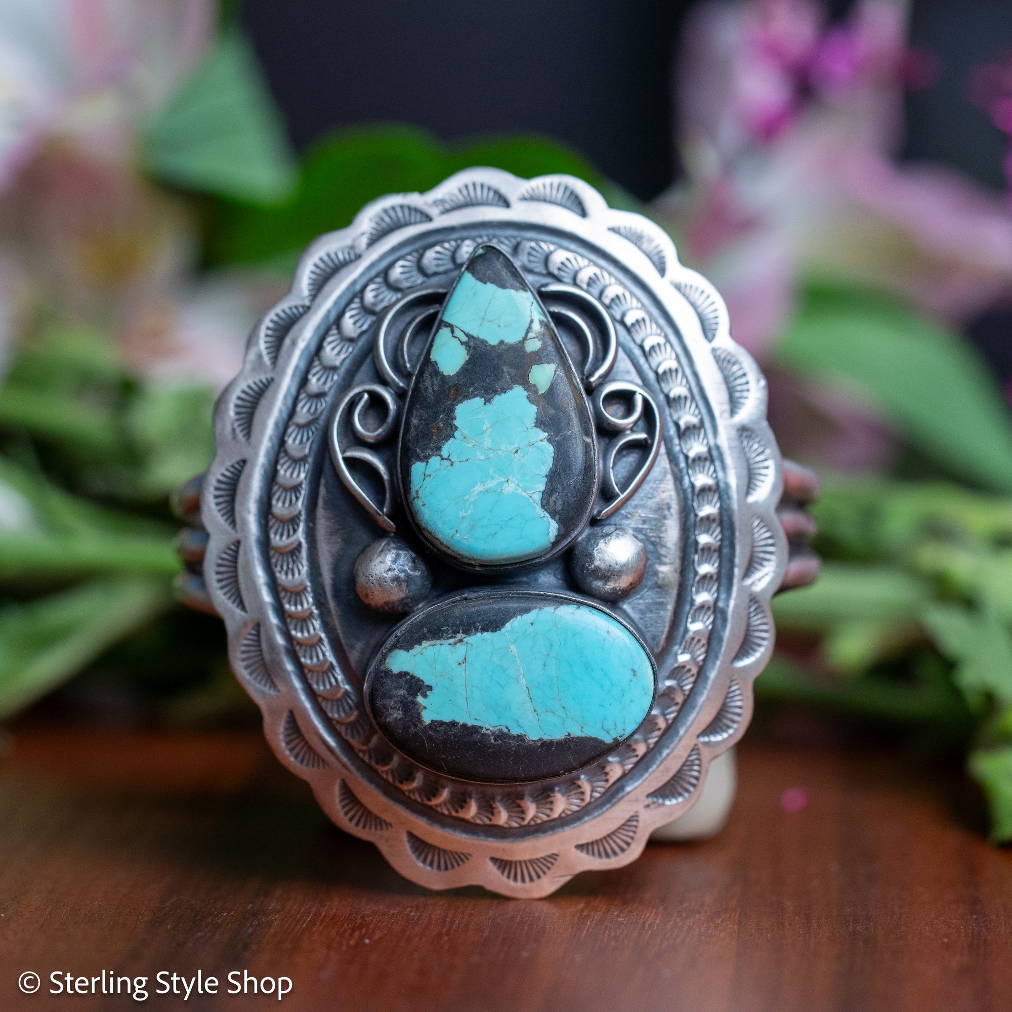 Chimney Butte Turquoise Cuff, Two Number 8 Stones, Navajo Sterling Silver