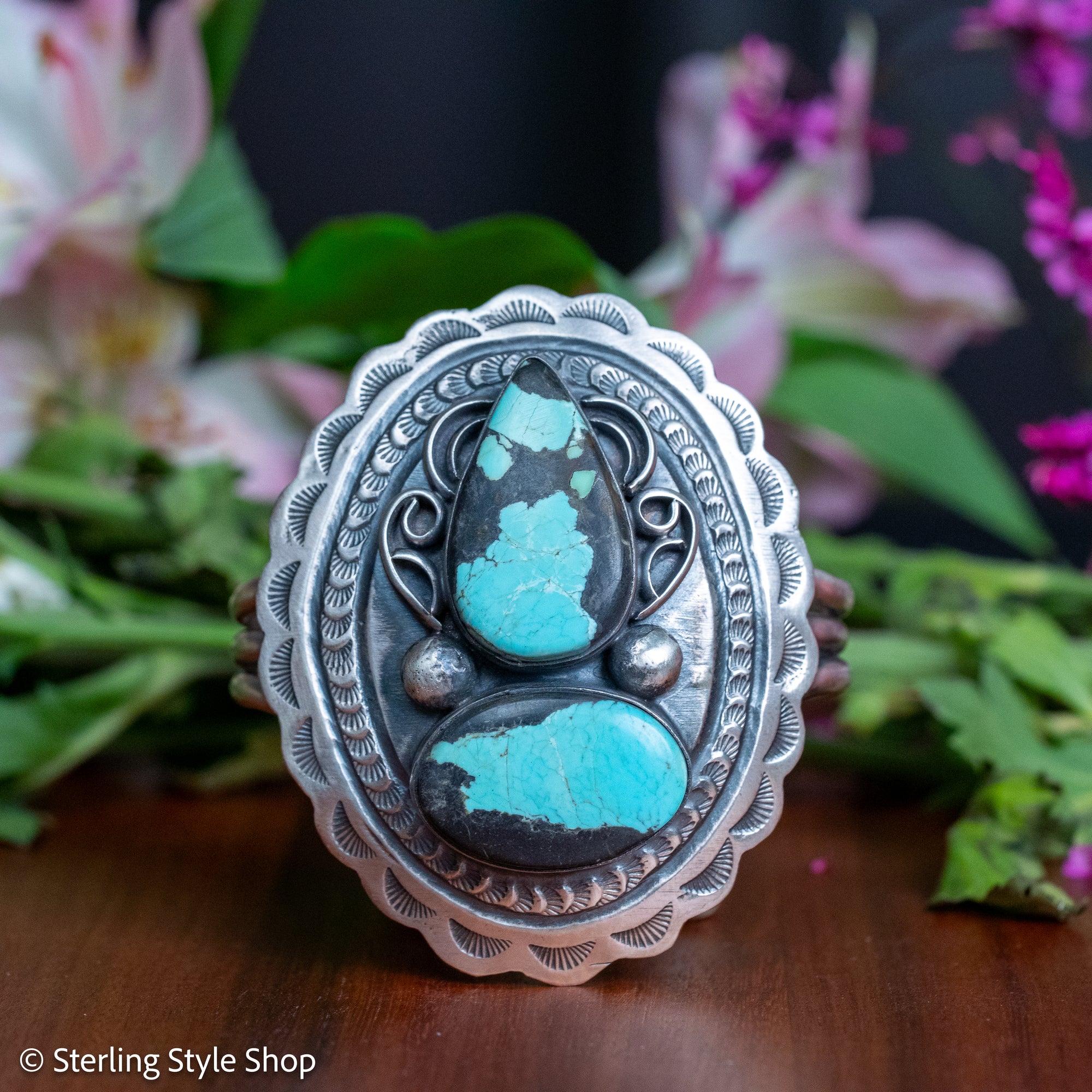 Chimney Butte Turquoise Cuff, Two Number 8 Stones, Navajo Sterling Silver