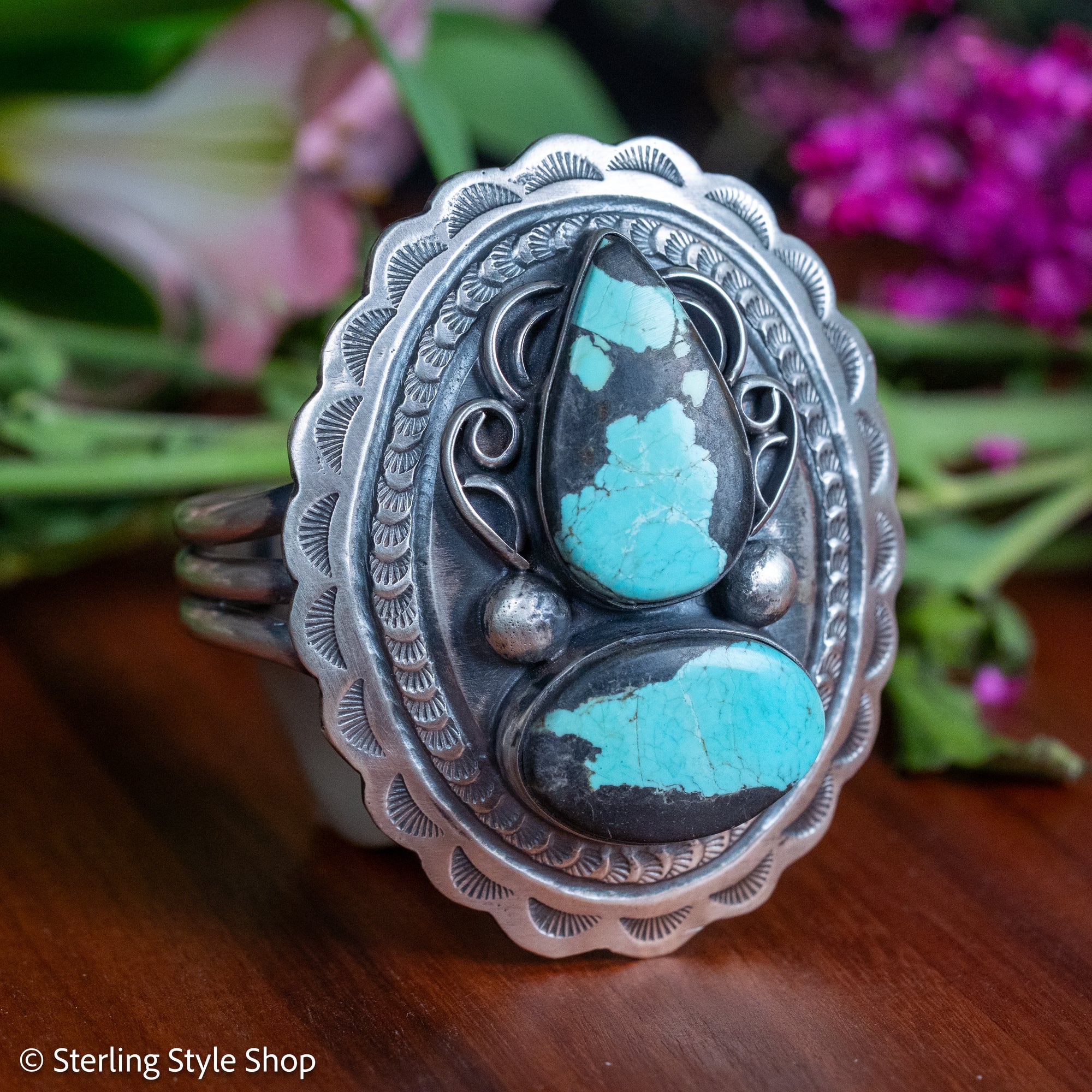 Chimney Butte Turquoise Cuff, Two Number 8 Stones, Navajo Sterling Silver