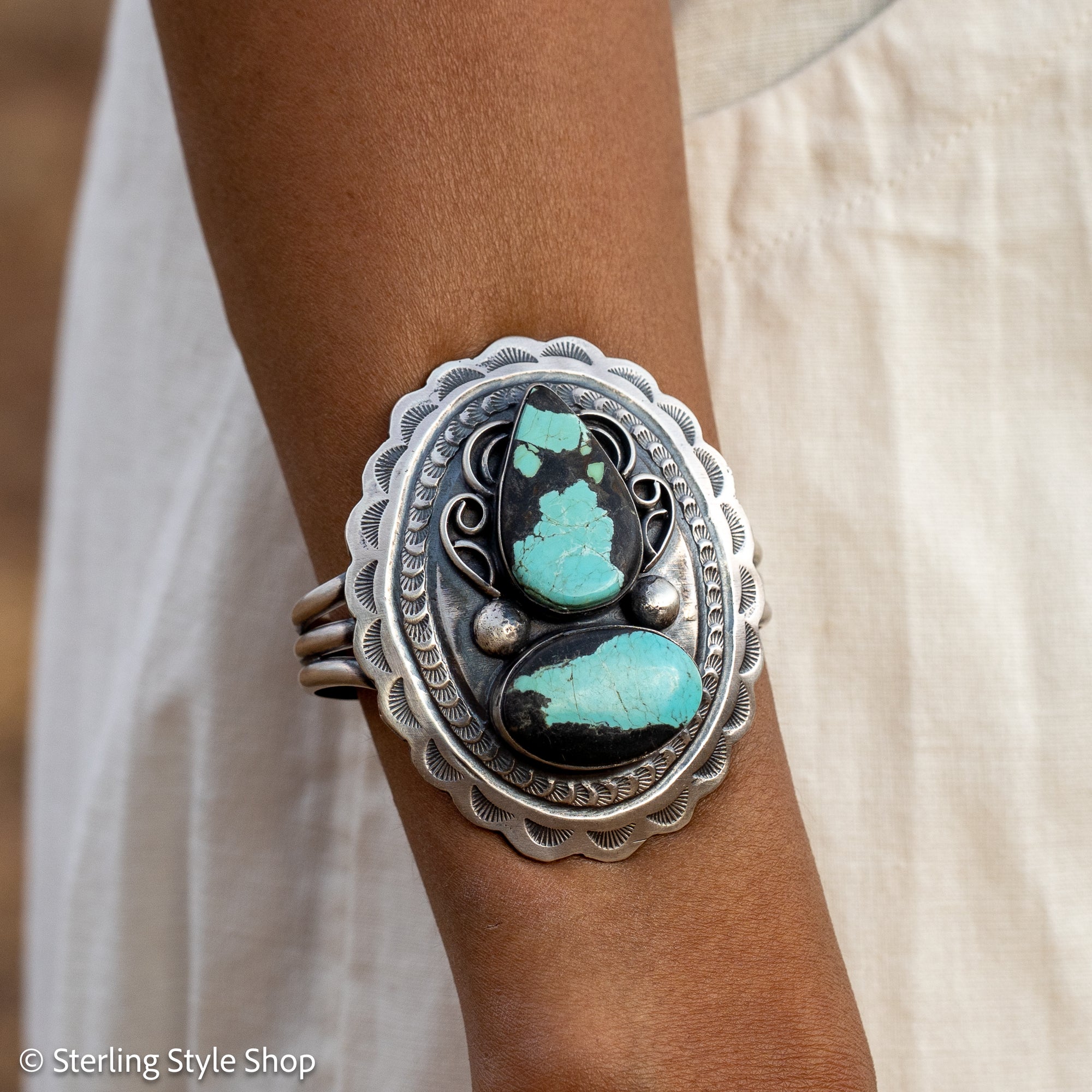 Chimney Butte Turquoise Cuff, Two Number 8 Stones, Navajo Sterling Silver