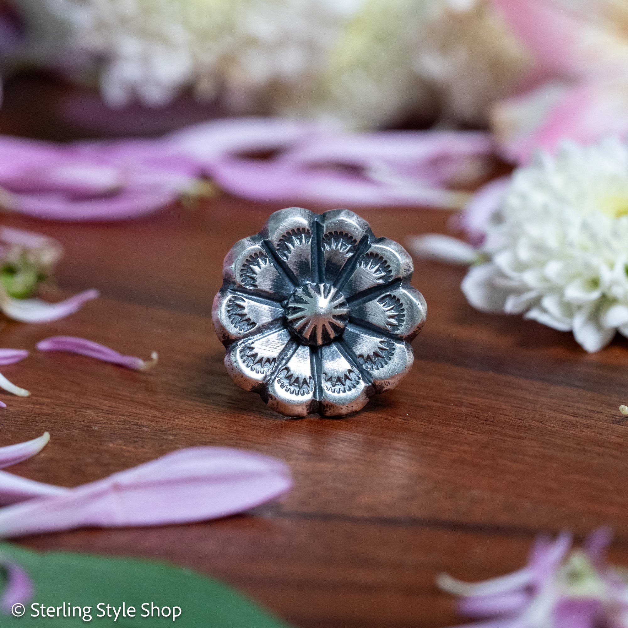 Chimney Butte Concho Ring, Stamped Navajo Sterling Silver, Size 6.25