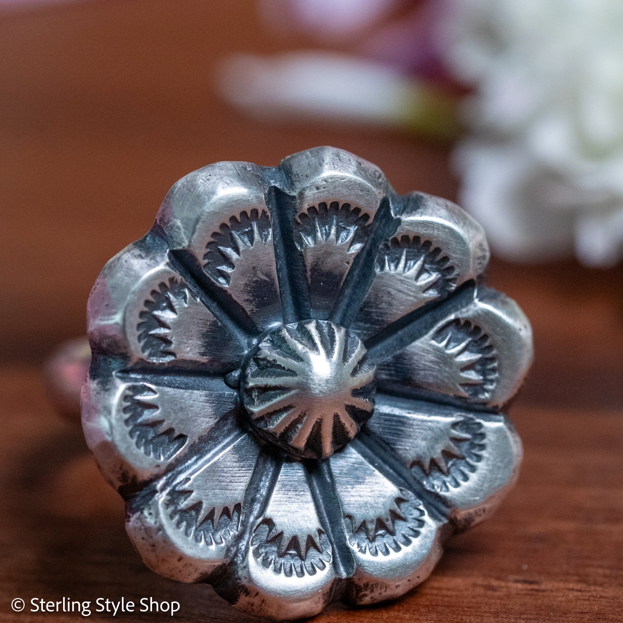 Chimney Butte Concho Ring, Stamped Navajo Sterling Silver, Size 6.25