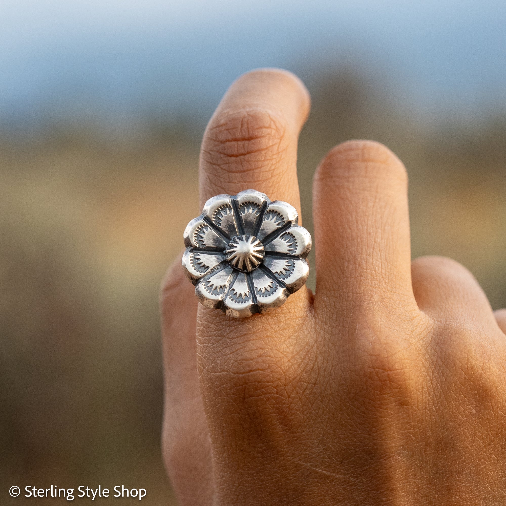 Chimney Butte Concho Ring, Stamped Navajo Sterling Silver, Size 6.25