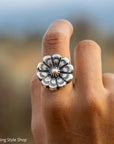 Chimney Butte Concho Ring, Stamped Navajo Sterling Silver, Size 6.25