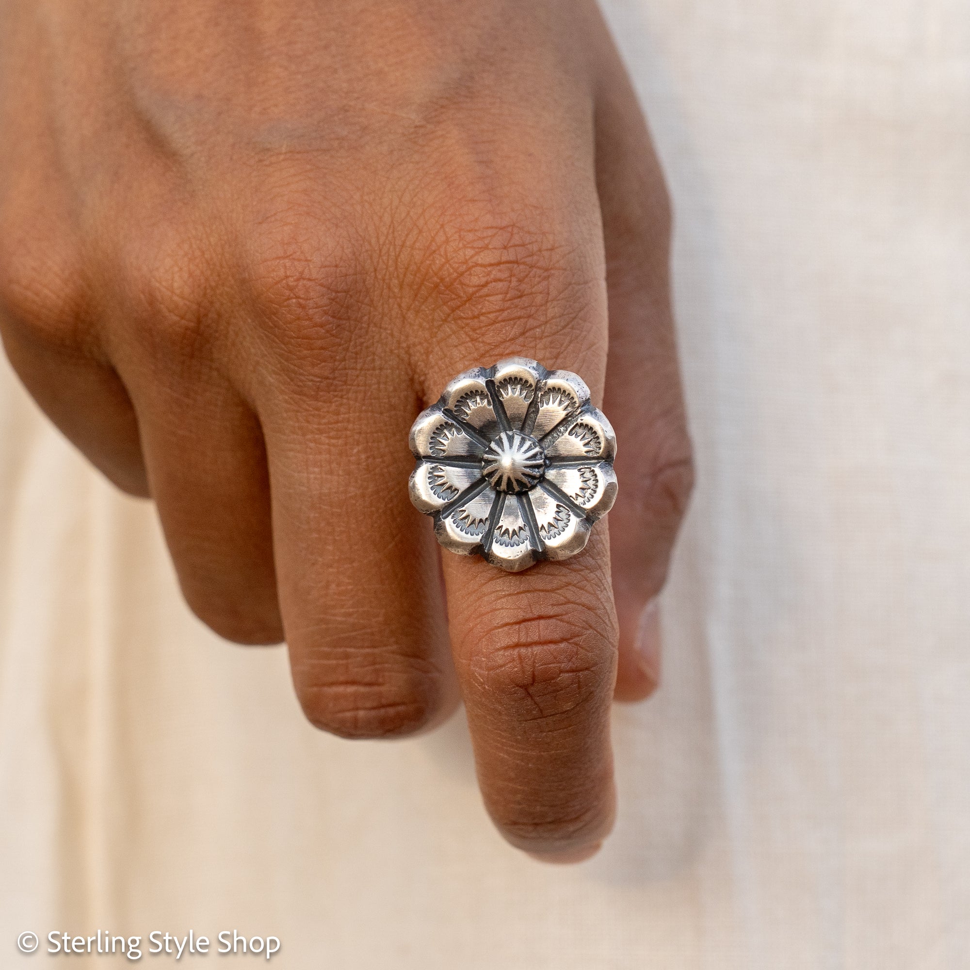Chimney Butte Concho Ring, Stamped Navajo Sterling Silver, Size 6.25
