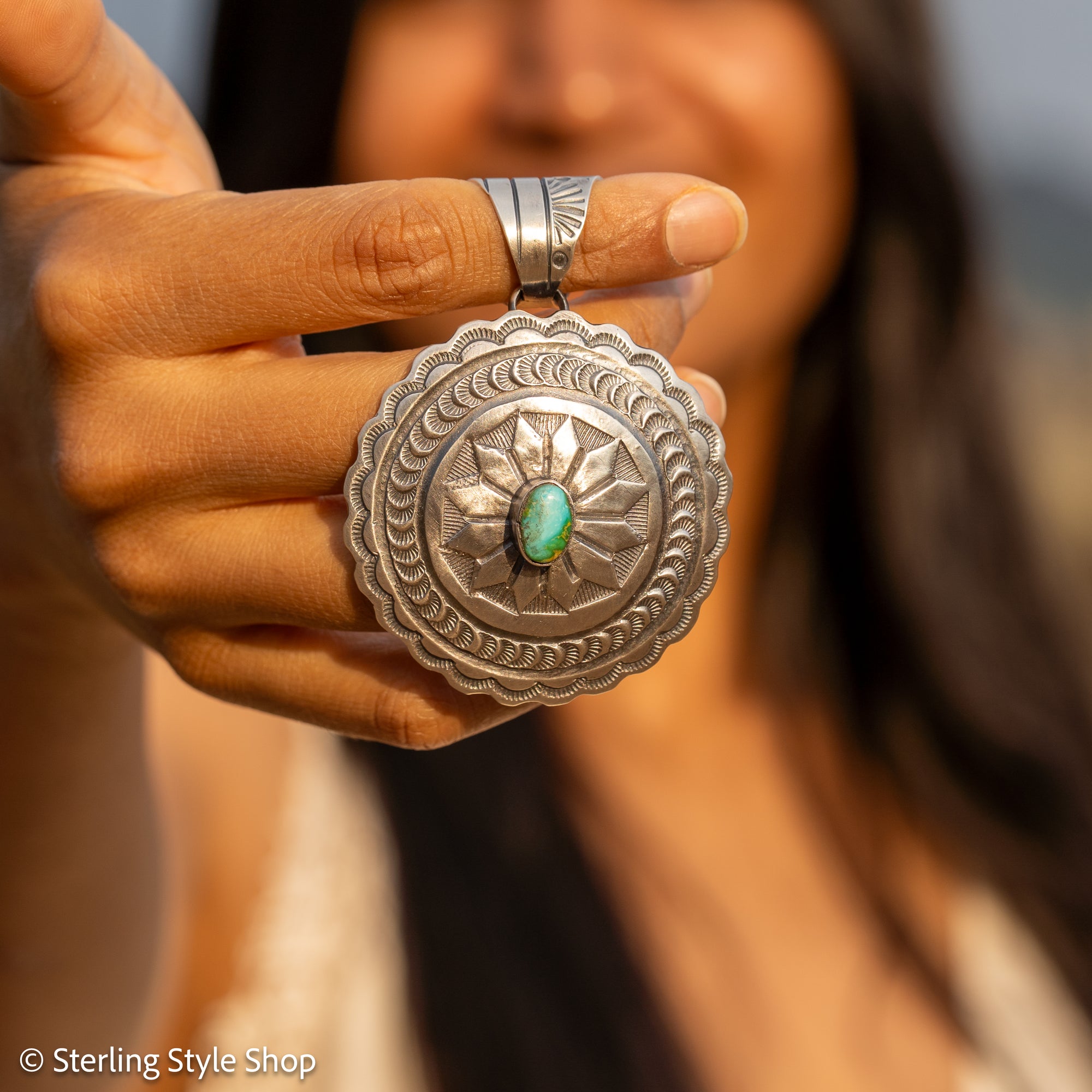 Chimney Butte Concho Pendant, Kingman Turquoise, Navajo Sterling Silver