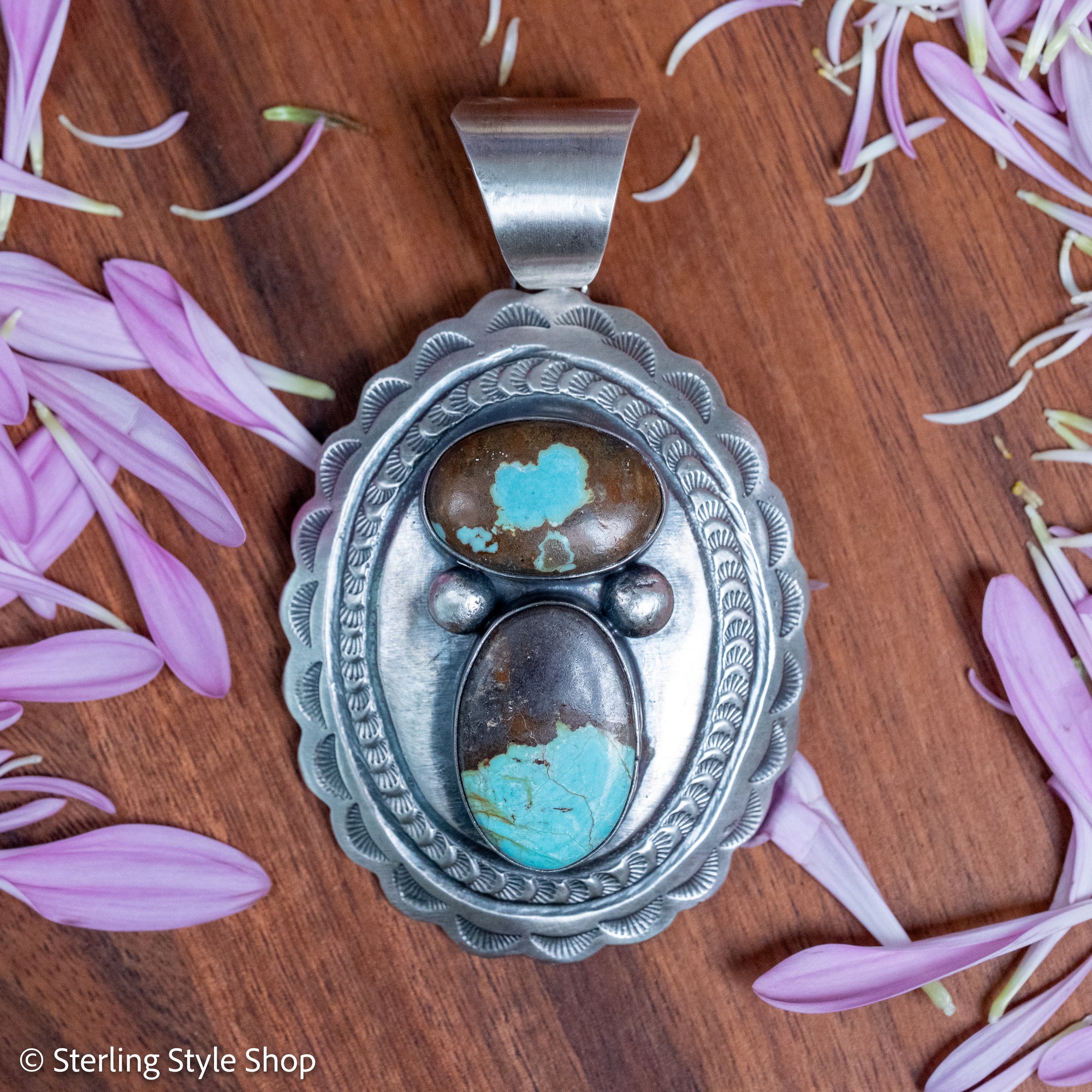 Chimney Butte Two Stone Pendant, Number 8 Turquoise, Navajo Sterling Silver