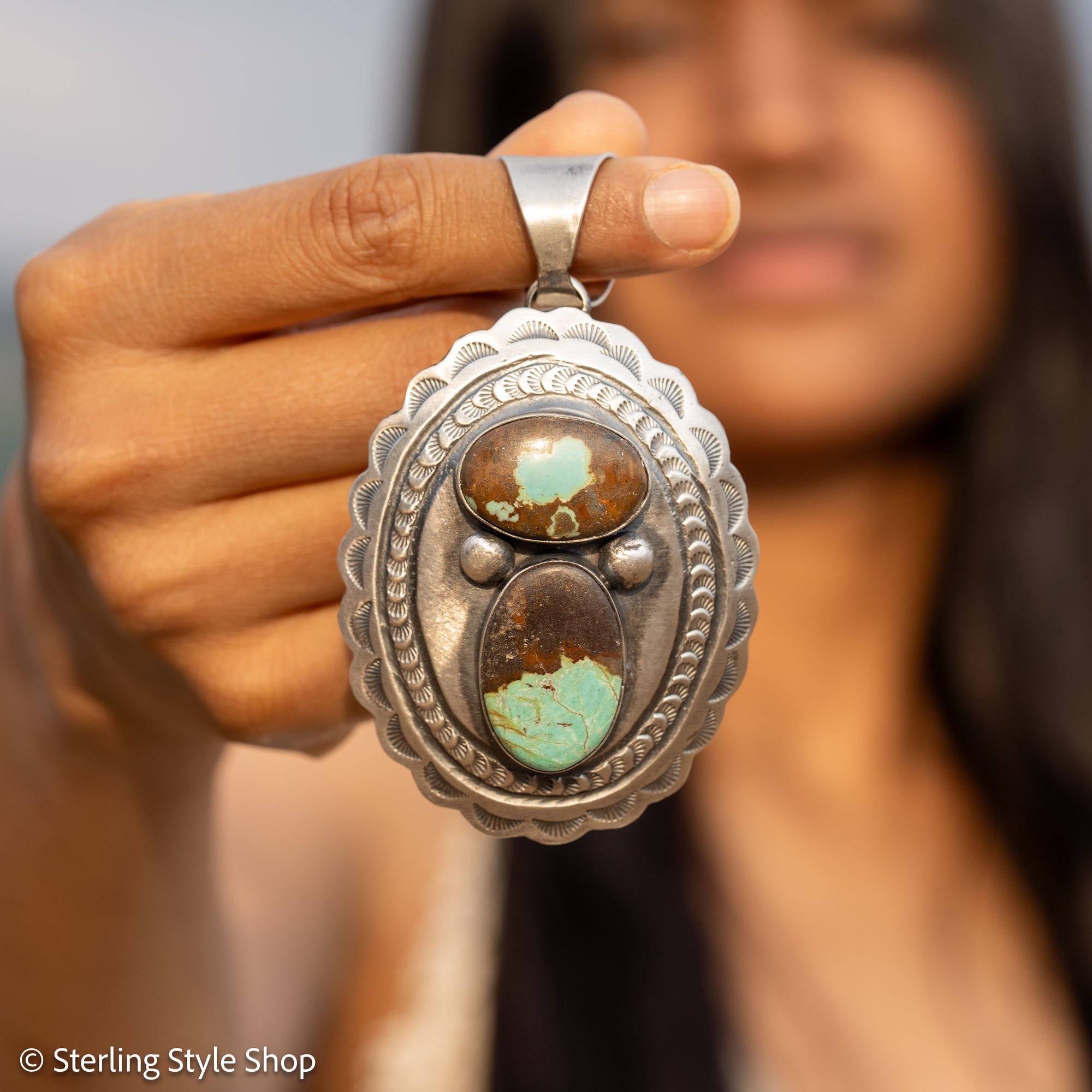 Chimney Butte Two Stone Pendant, Number 8 Turquoise, Navajo Sterling Silver