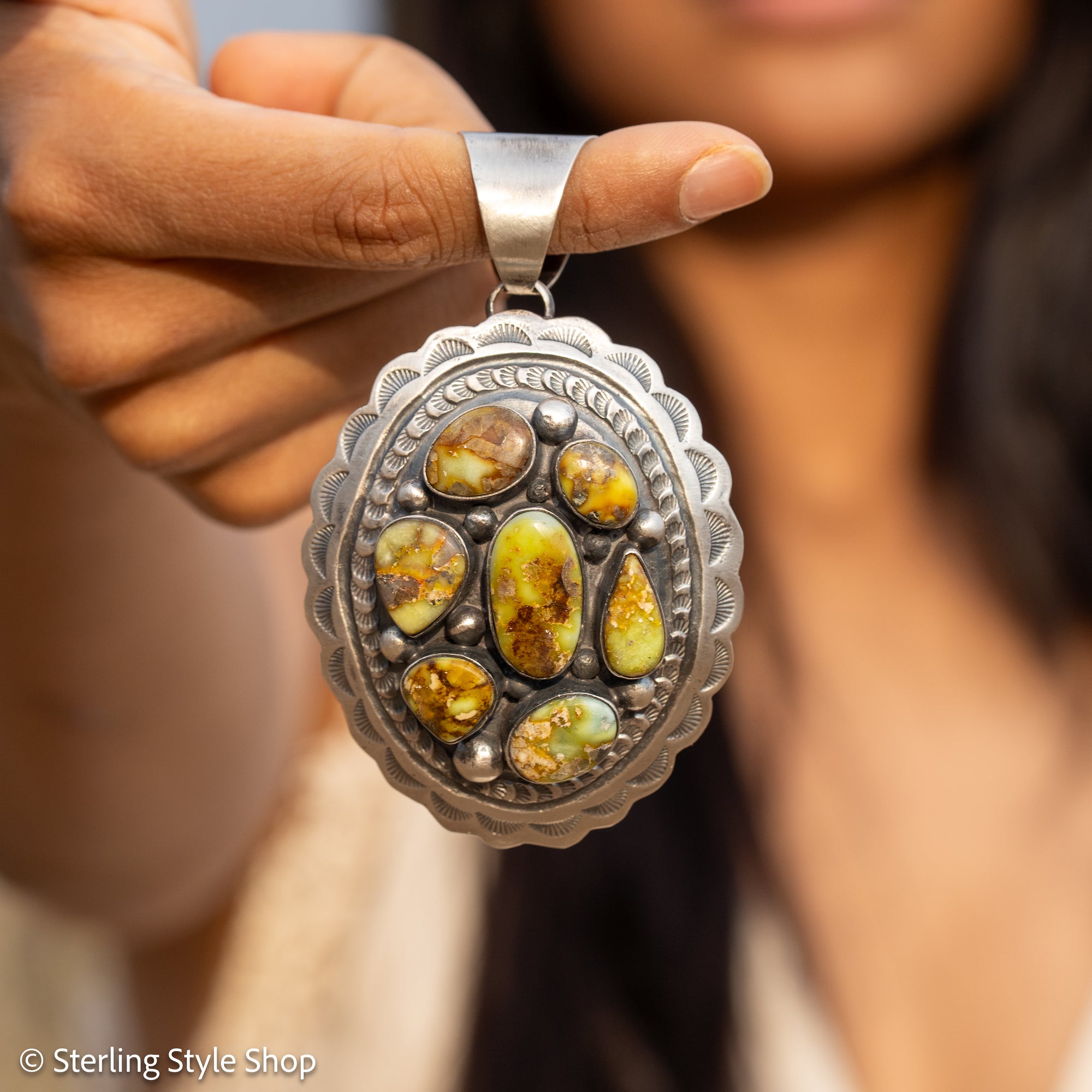 Chimney Butte Cluster Pendant, Palomino Variscite, Navajo Sterling Silver
