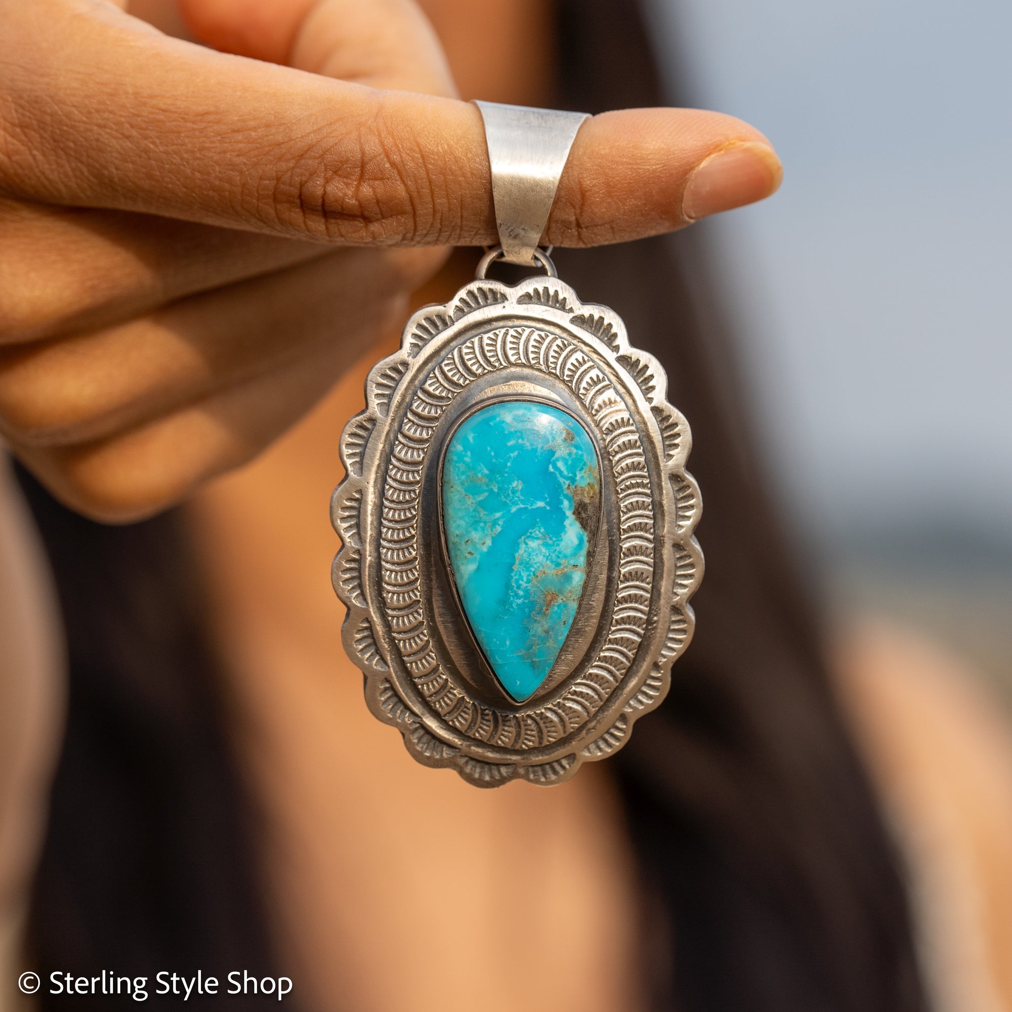 Chimney Butte Pendant, Kingman Turquoise Teardrop, Navajo Sterling Silver