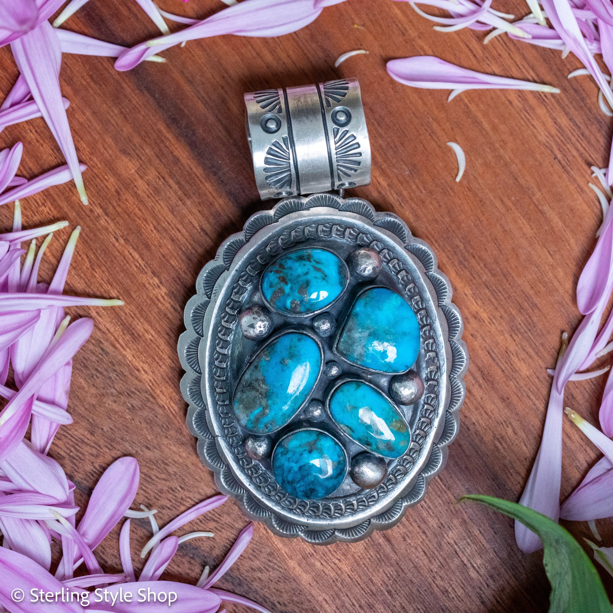 Chimney Butte Cluster Pendant, Six Kingman Turquoise Stones, Navajo Sterling