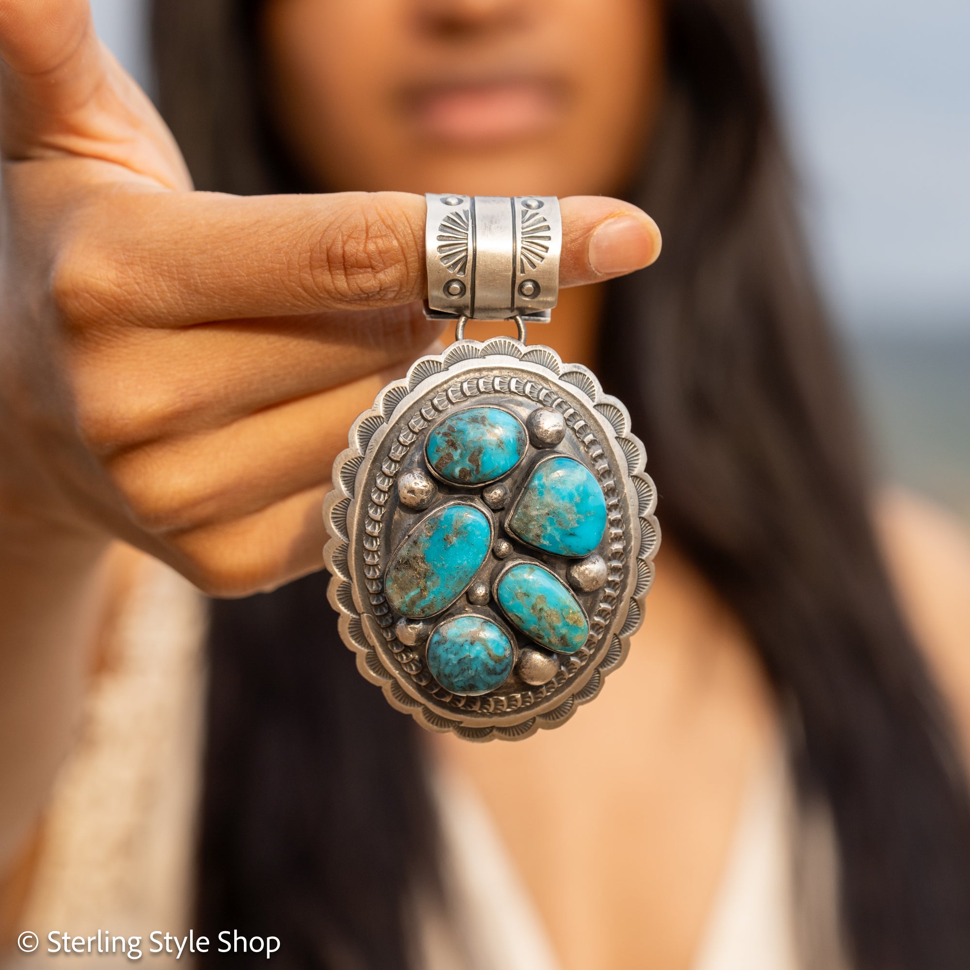 Chimney Butte Cluster Pendant, Six Kingman Turquoise Stones, Navajo Sterling
