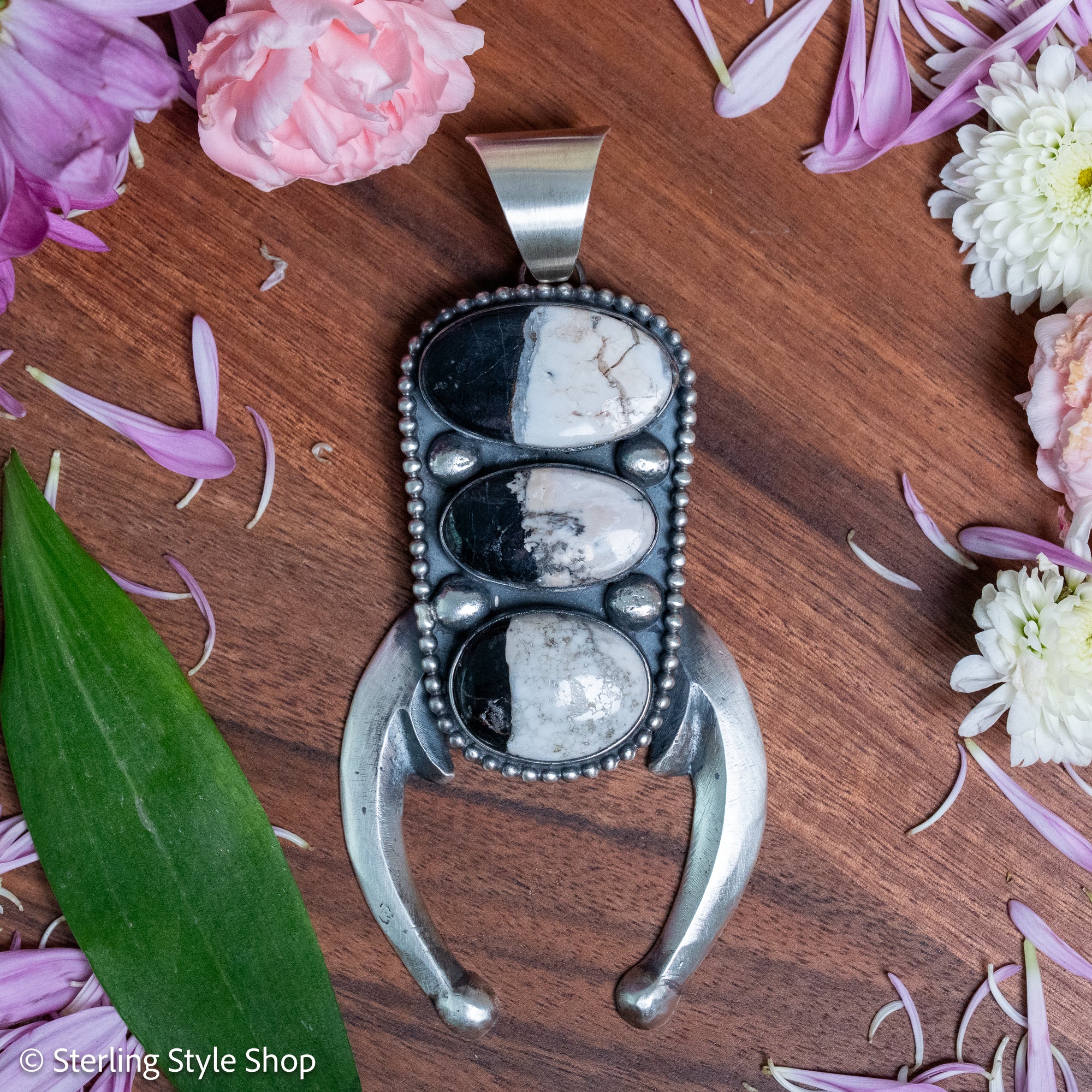 Chimney Butte Naja Pendant, Three White Buffalo Stones, Navajo Sterling