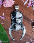 Chimney Butte Naja Pendant, Three White Buffalo Stones, Navajo Sterling