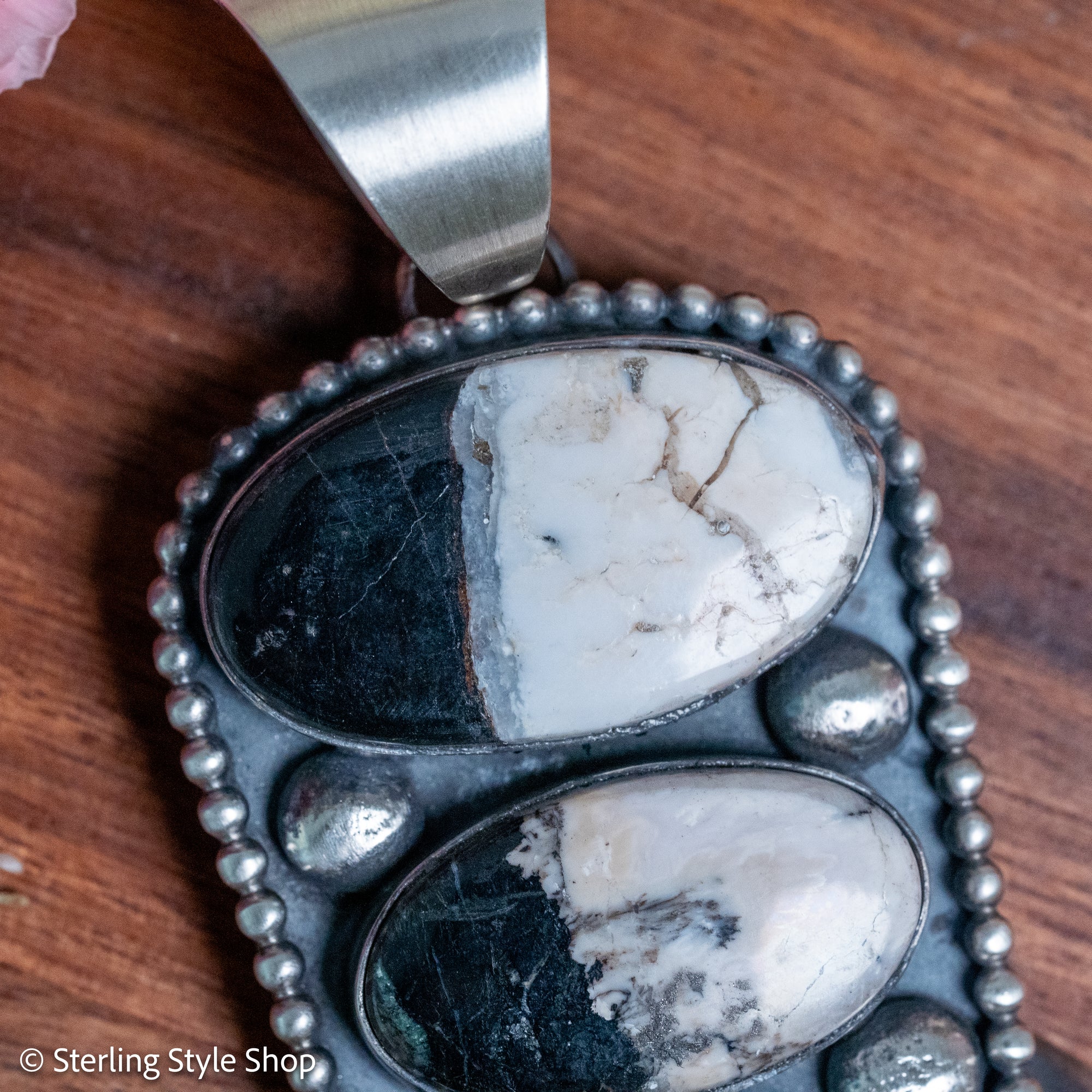 Chimney Butte Naja Pendant, Three White Buffalo Stones, Navajo Sterling
