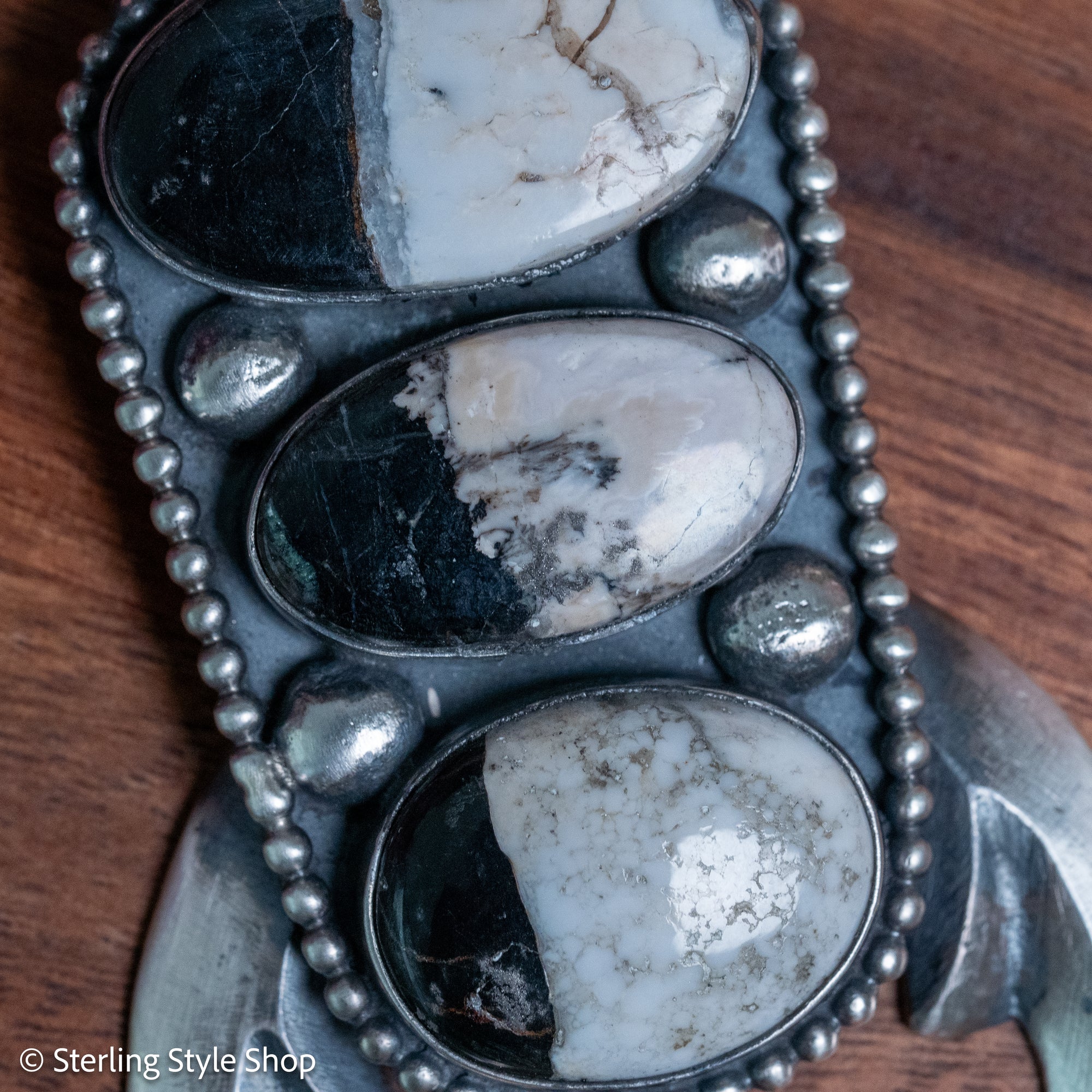 Chimney Butte Naja Pendant, Three White Buffalo Stones, Navajo Sterling