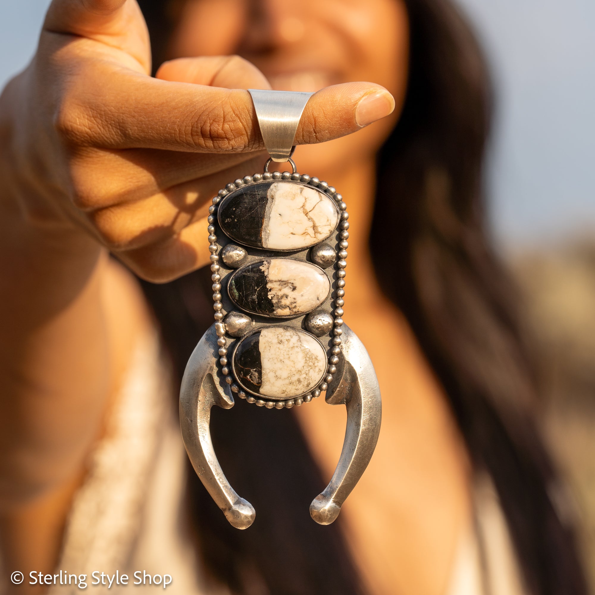 Chimney Butte Naja Pendant, Three White Buffalo Stones, Navajo Sterling