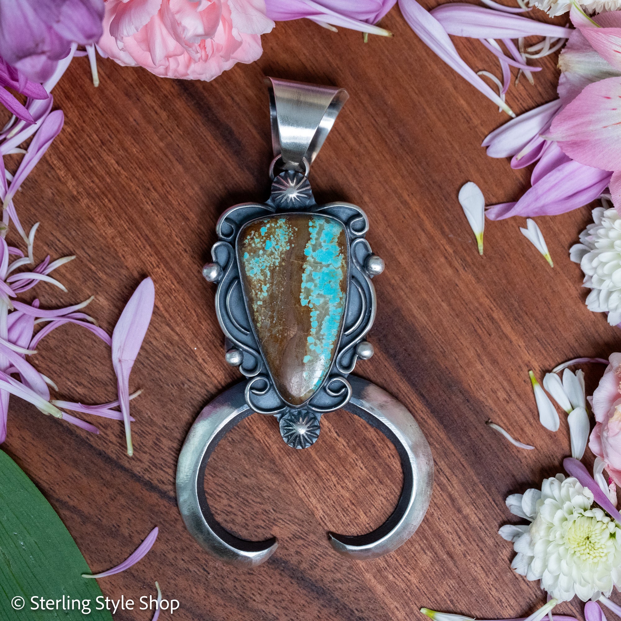 Chimney Butte Naja Pendant, Number 8 Turquoise, Scrollwork, Navajo Sterling