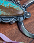 Chimney Butte Naja Pendant, Number 8 Turquoise, Scrollwork, Navajo Sterling