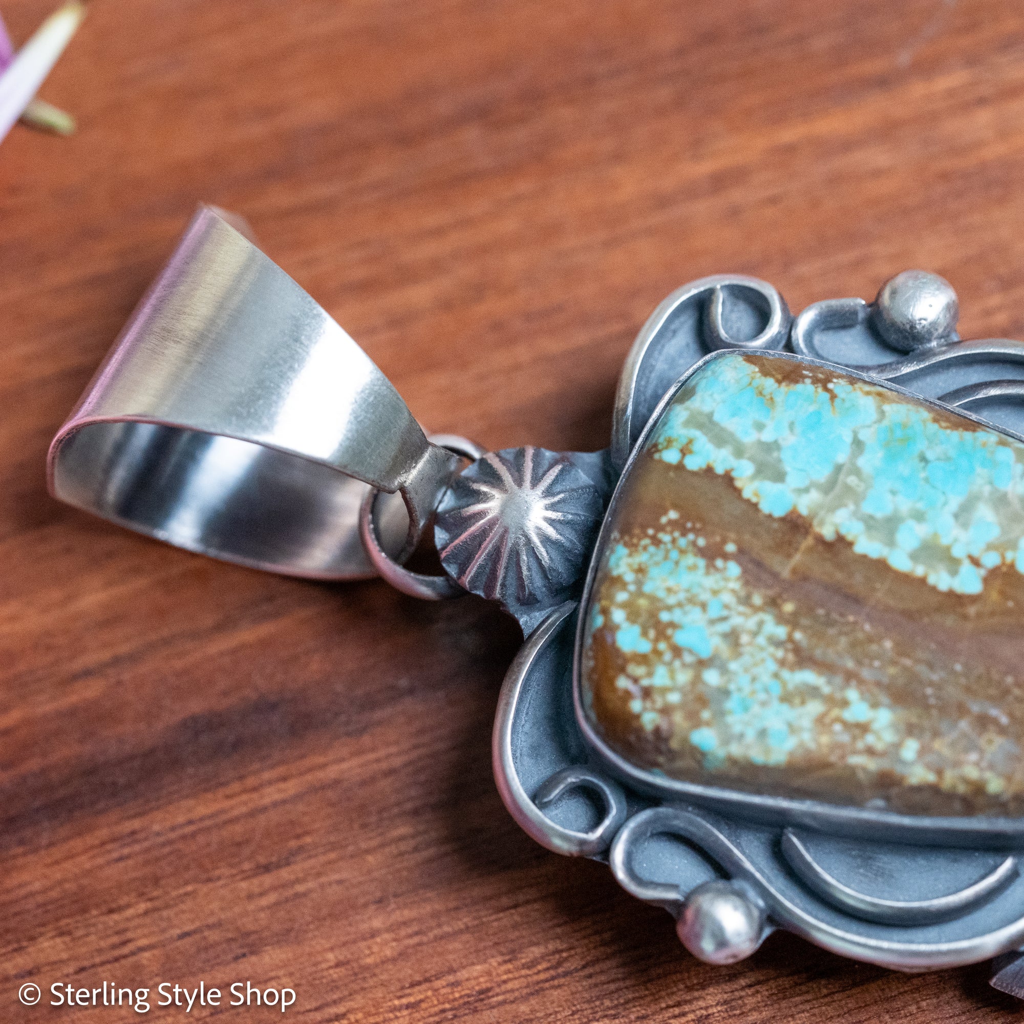 Chimney Butte Naja Pendant, Number 8 Turquoise, Scrollwork, Navajo Sterling