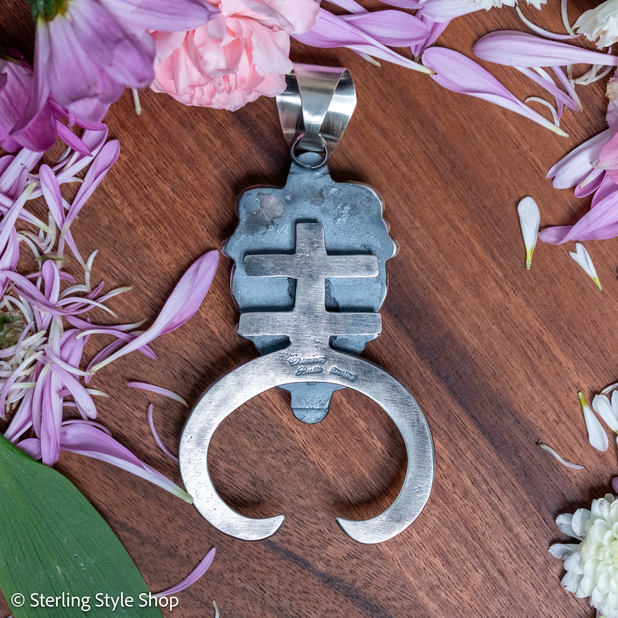 Chimney Butte Naja Pendant, Number 8 Turquoise, Scrollwork, Navajo Sterling