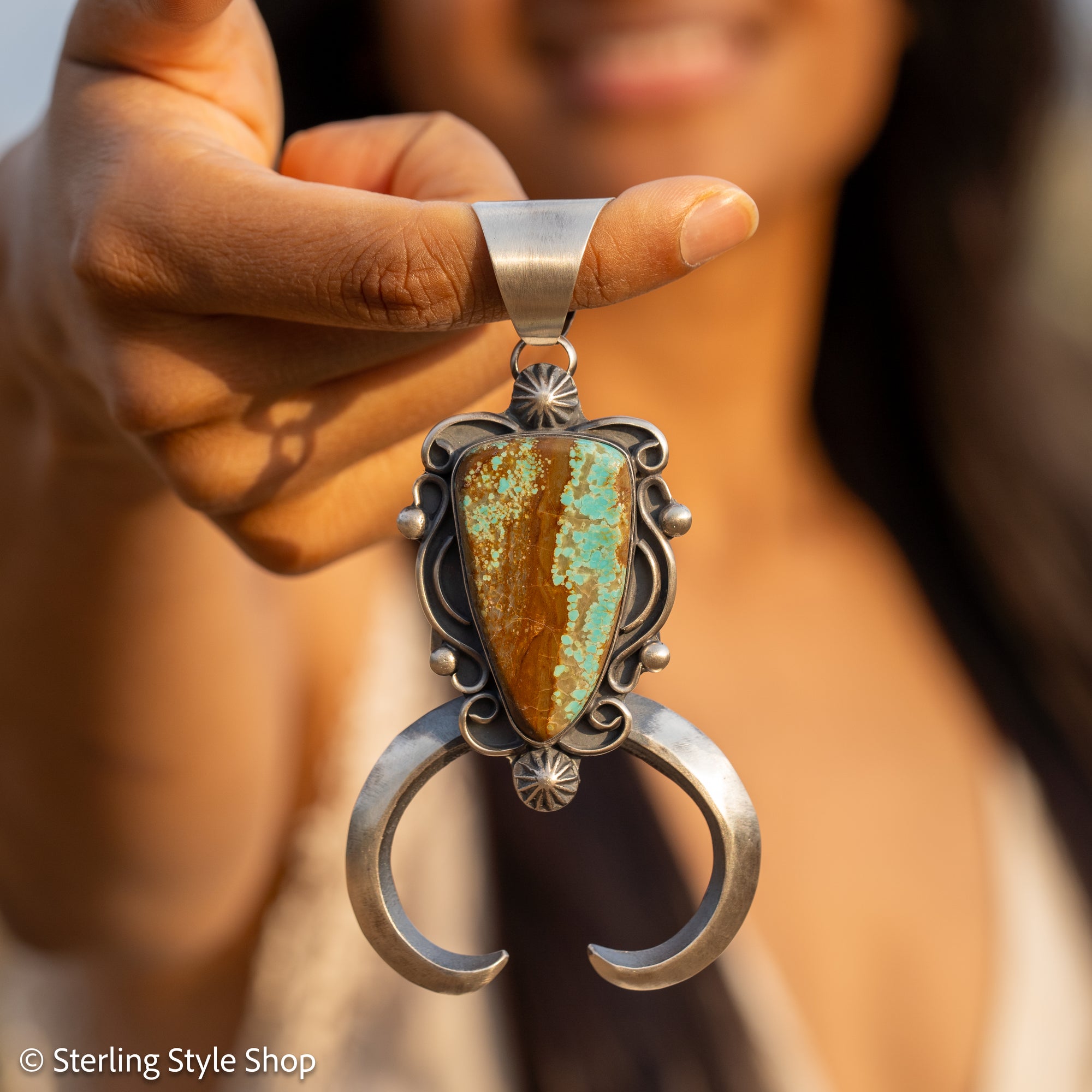 Chimney Butte Naja Pendant, Number 8 Turquoise, Scrollwork, Navajo Sterling