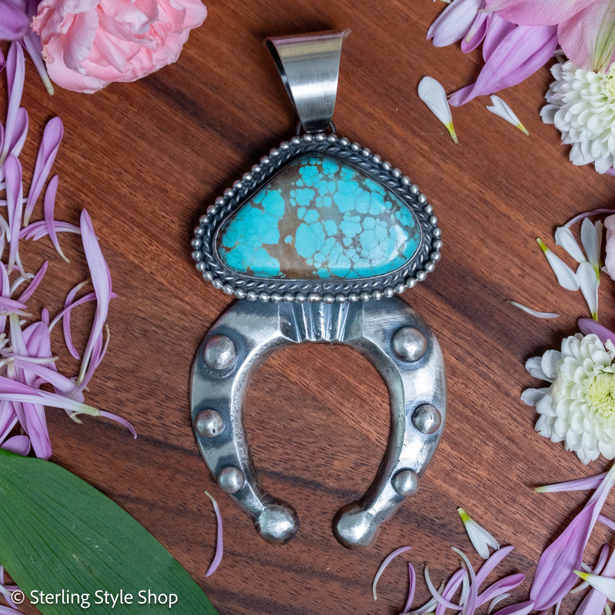 Chimney Butte Naja Pendant, Webbed Number 8 Turquoise, Navajo Sterling