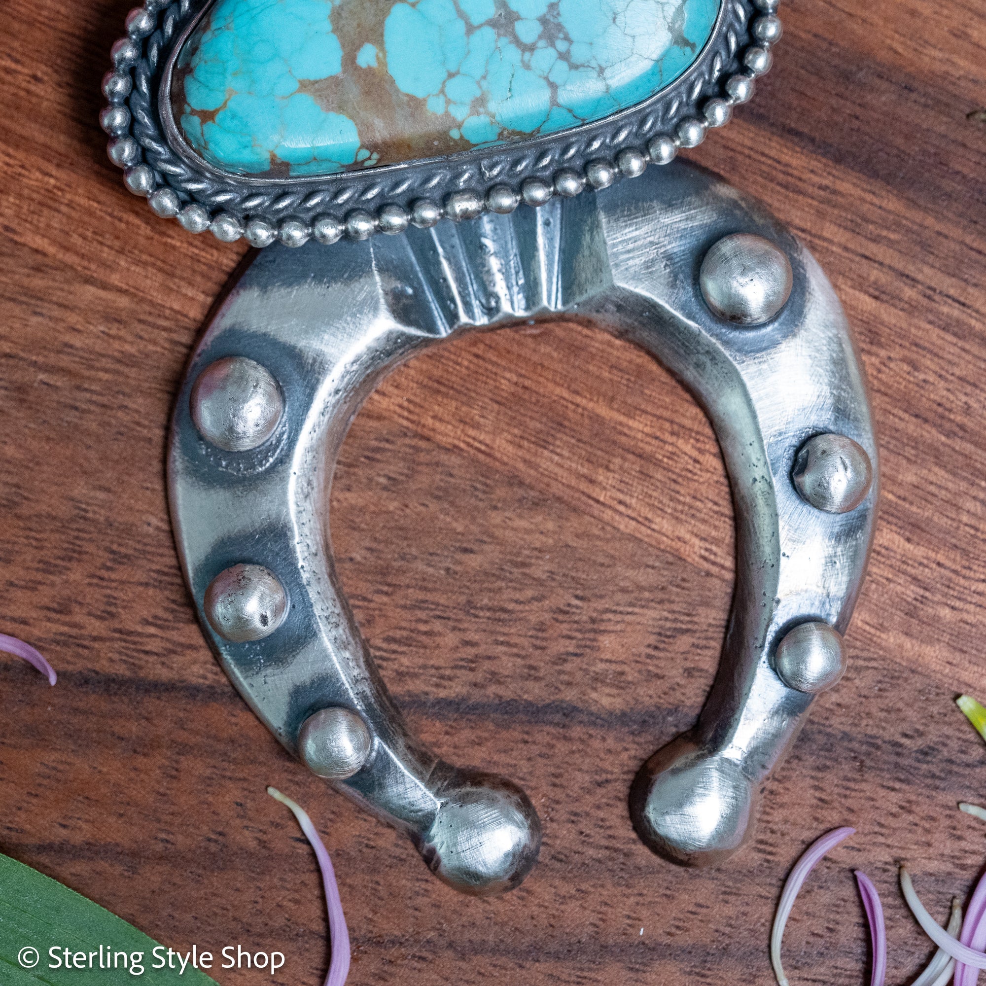 Chimney Butte Naja Pendant, Webbed Number 8 Turquoise, Navajo Sterling