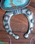 Chimney Butte Naja Pendant, Webbed Number 8 Turquoise, Navajo Sterling