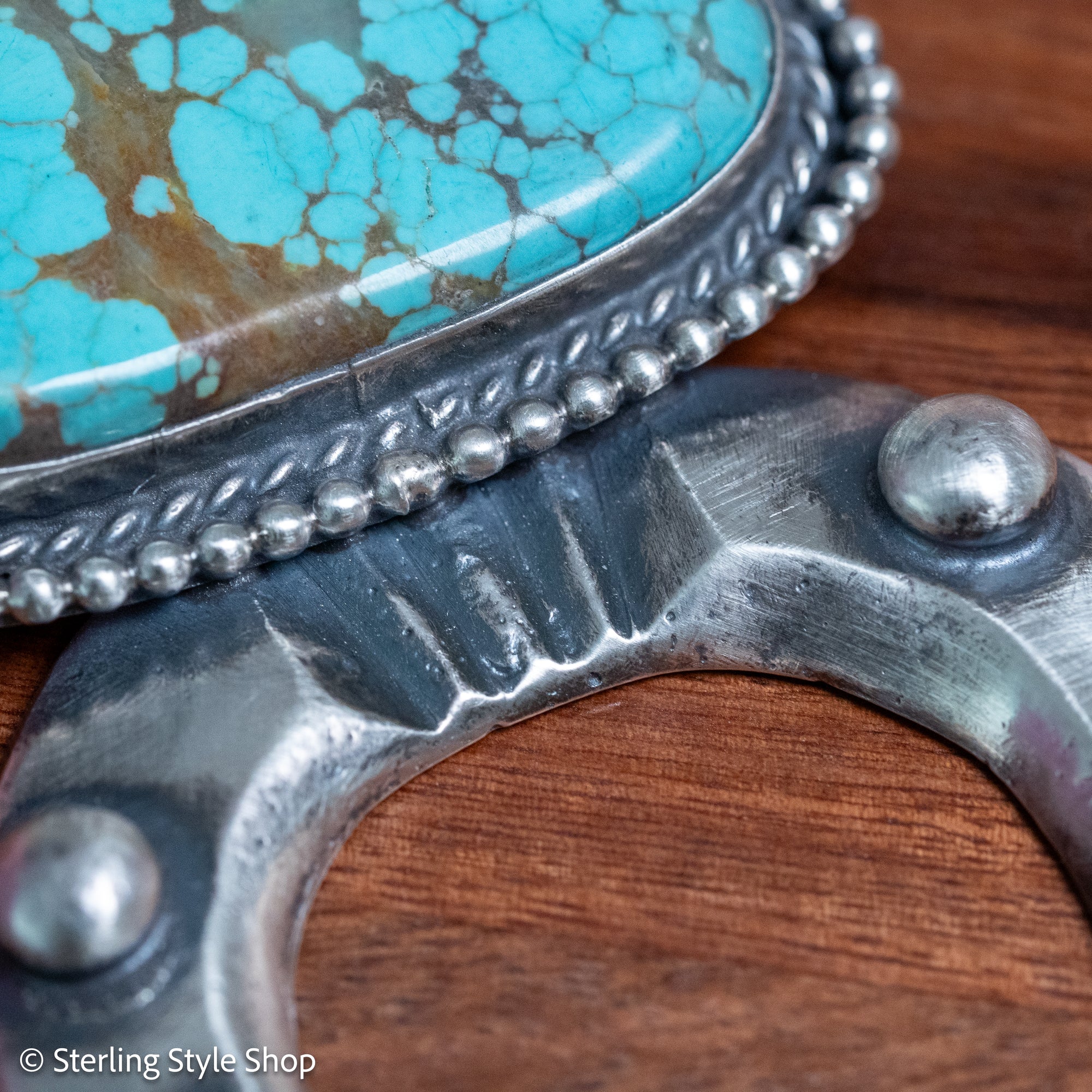 Chimney Butte Naja Pendant, Webbed Number 8 Turquoise, Navajo Sterling
