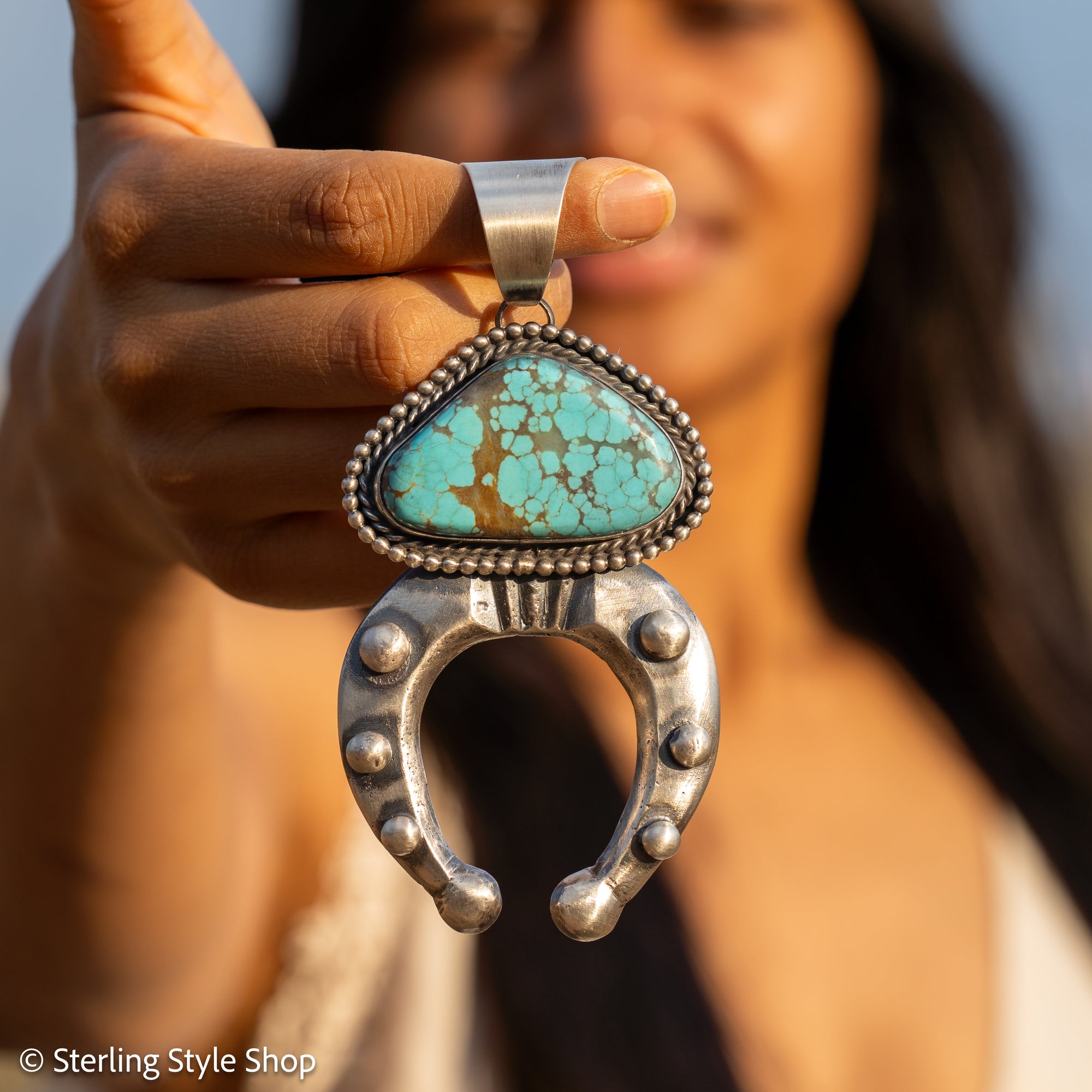 Chimney Butte Naja Pendant, Webbed Number 8 Turquoise, Navajo Sterling