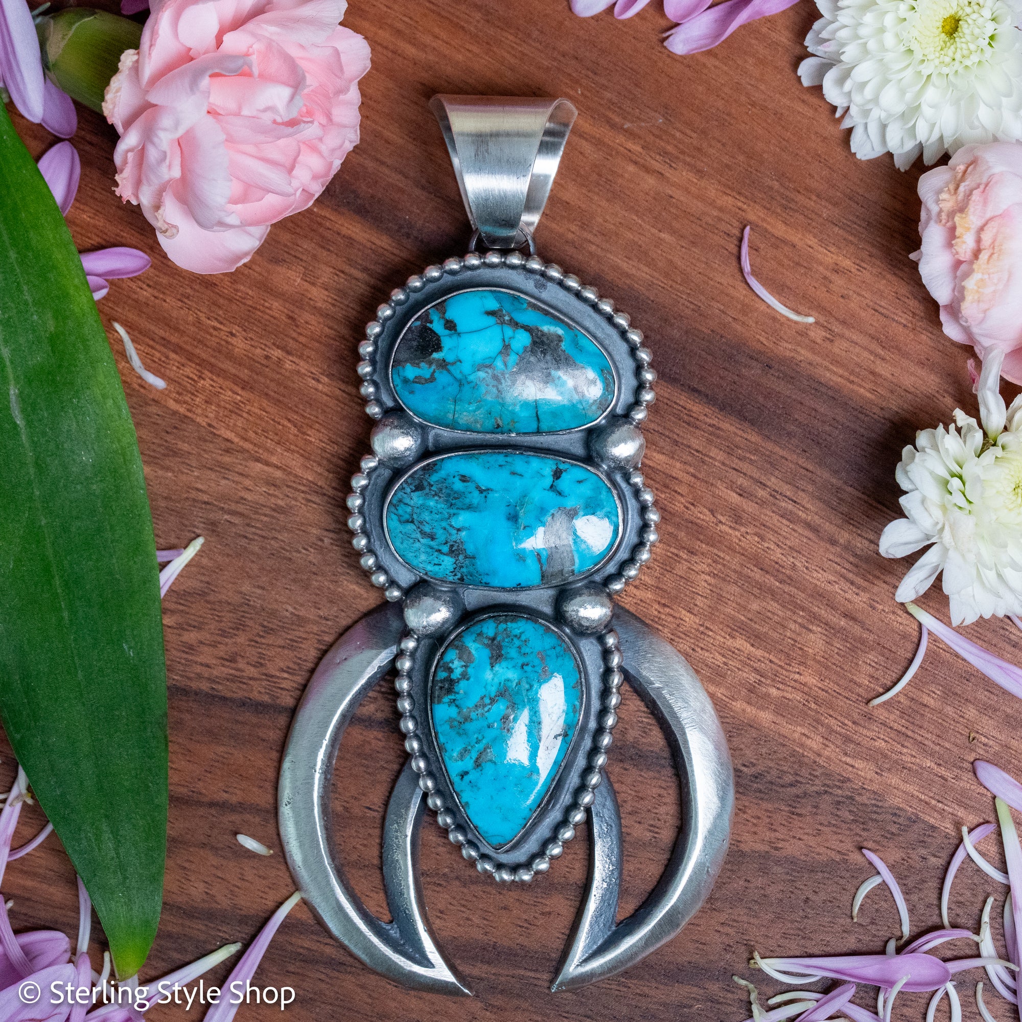 Chimney Butte Naja Pendant, Three Kingman Turquoise Stones, Navajo Sterling