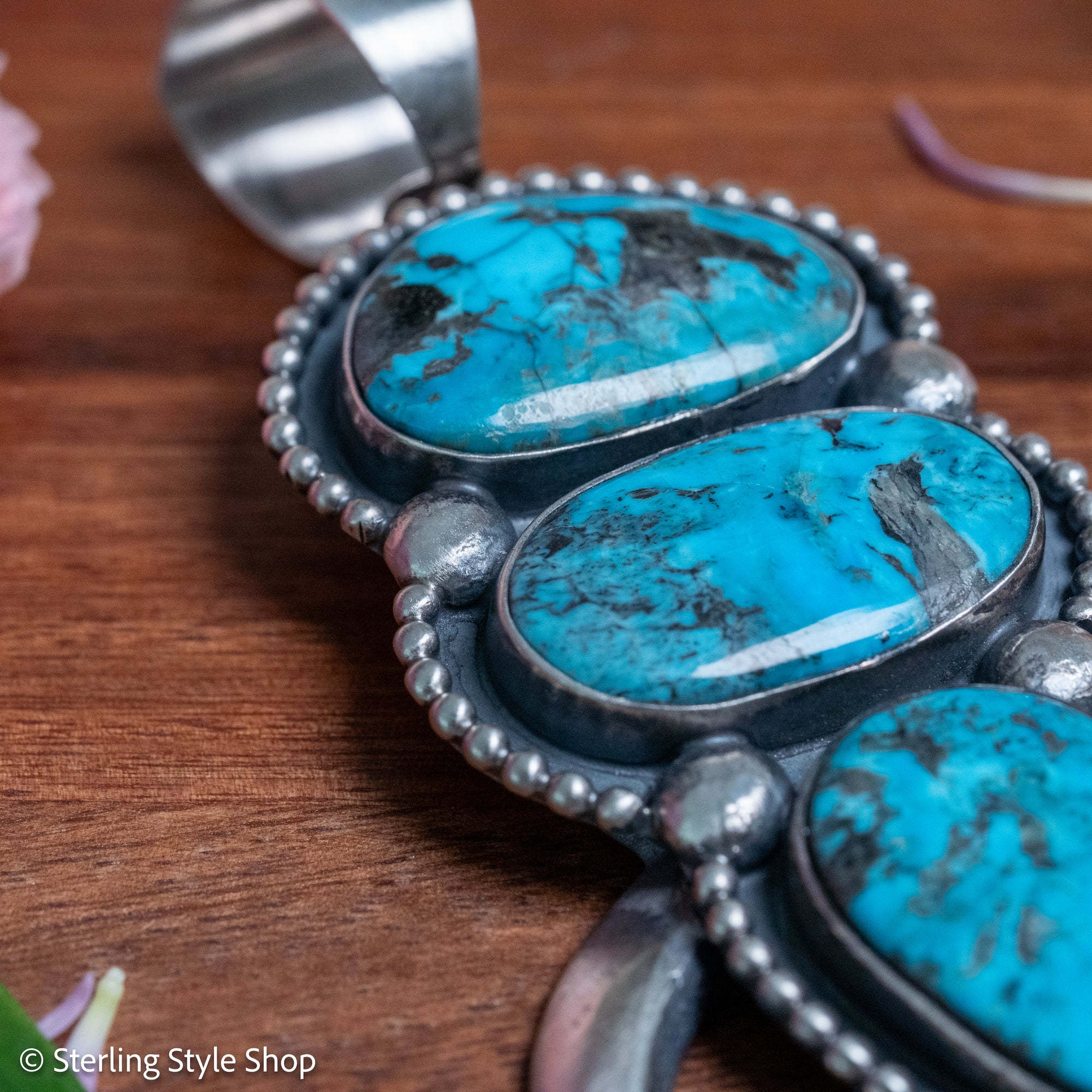Chimney Butte Naja Pendant, Three Kingman Turquoise Stones, Navajo Sterling