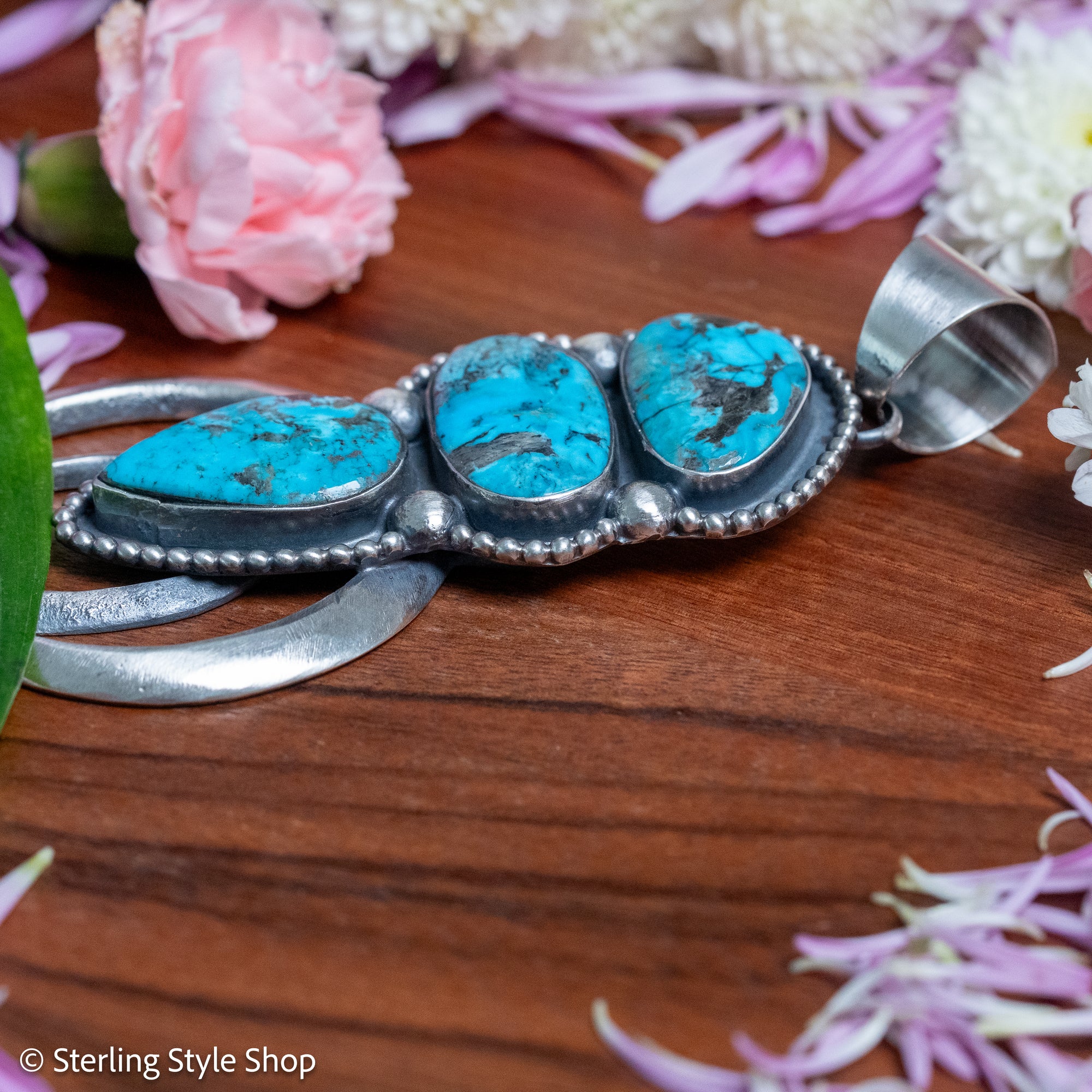 Chimney Butte Naja Pendant, Three Kingman Turquoise Stones, Navajo Sterling