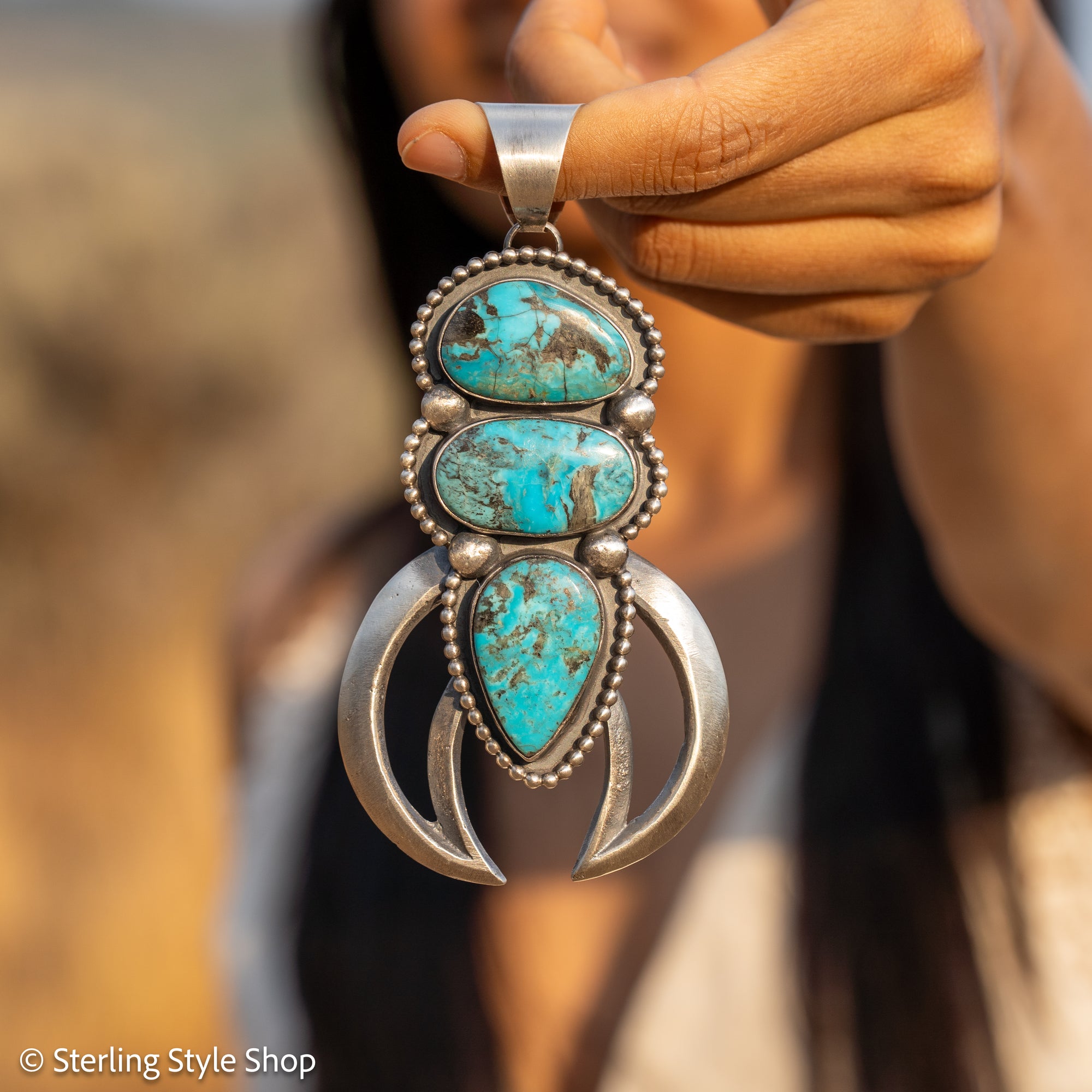 Chimney Butte Naja Pendant, Three Kingman Turquoise Stones, Navajo Sterling