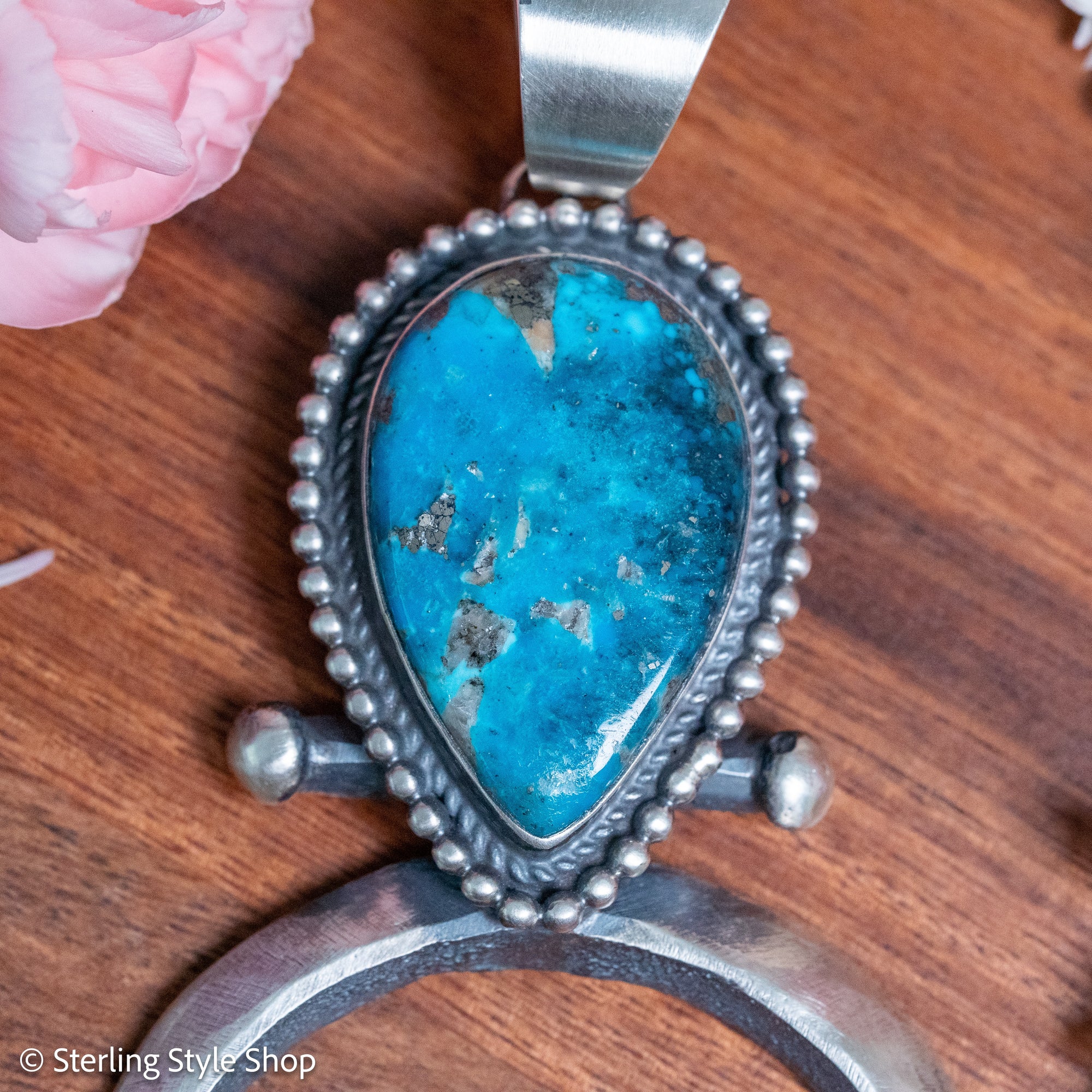 Chimney Butte Naja Pendant, Kingman Turquoise Pear, Navajo Sterling Silver