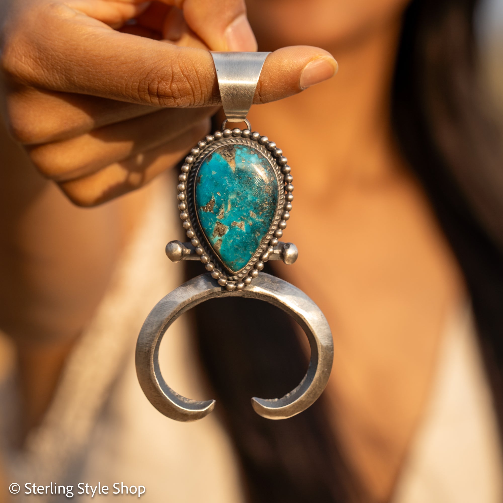 Chimney Butte Naja Pendant, Kingman Turquoise Pear, Navajo Sterling Silver