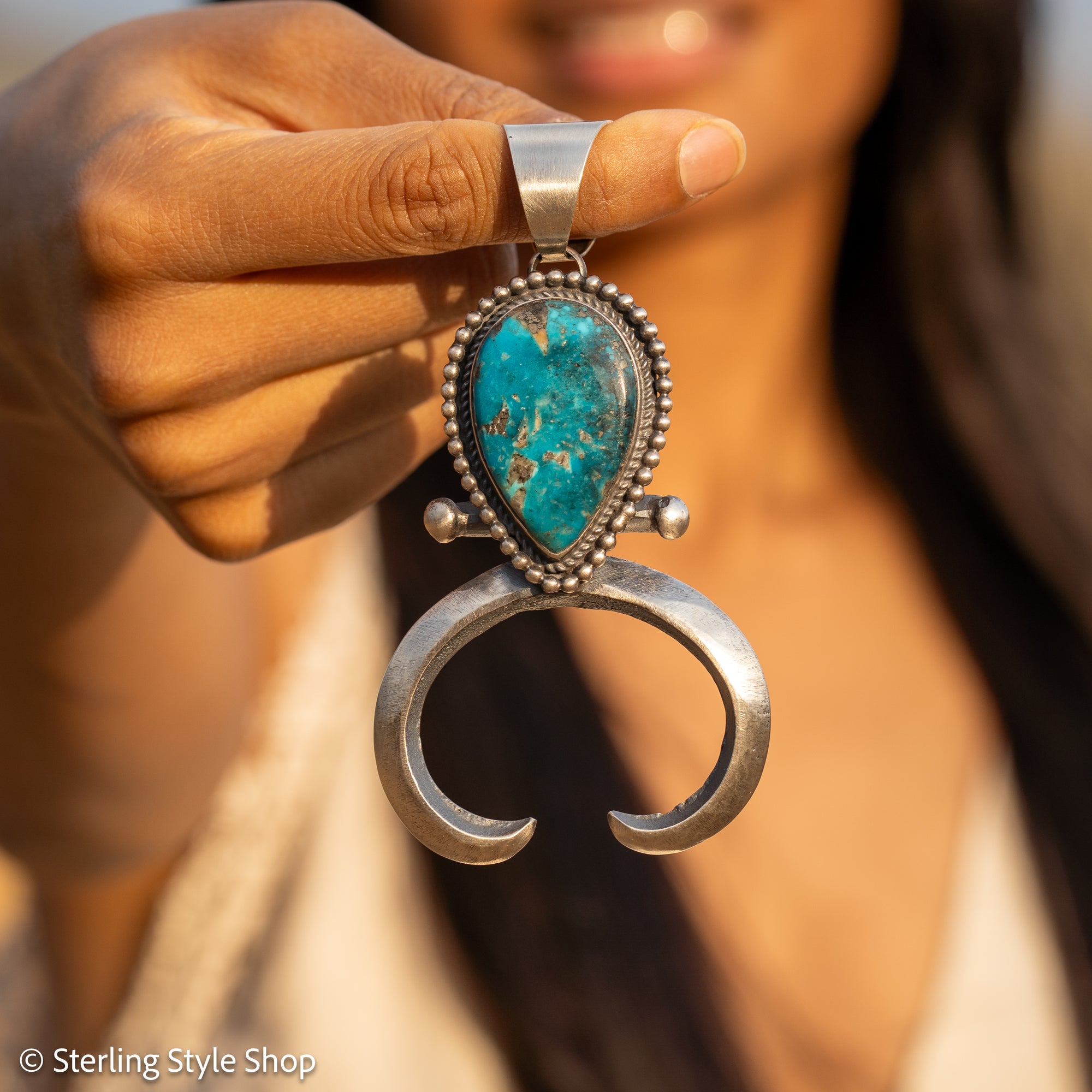 Chimney Butte Naja Pendant, Kingman Turquoise Pear, Navajo Sterling Silver