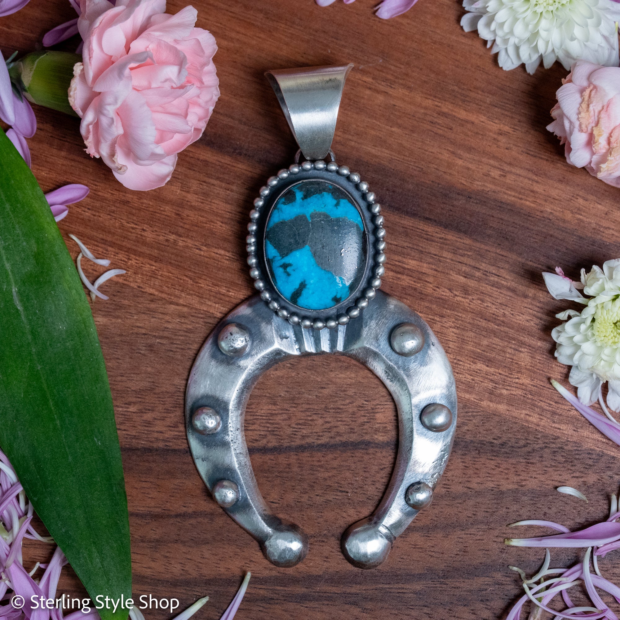 Chimney Butte Naja Pendant, Kingman Turquoise Oval, Domed Crescent, Navajo Sterling