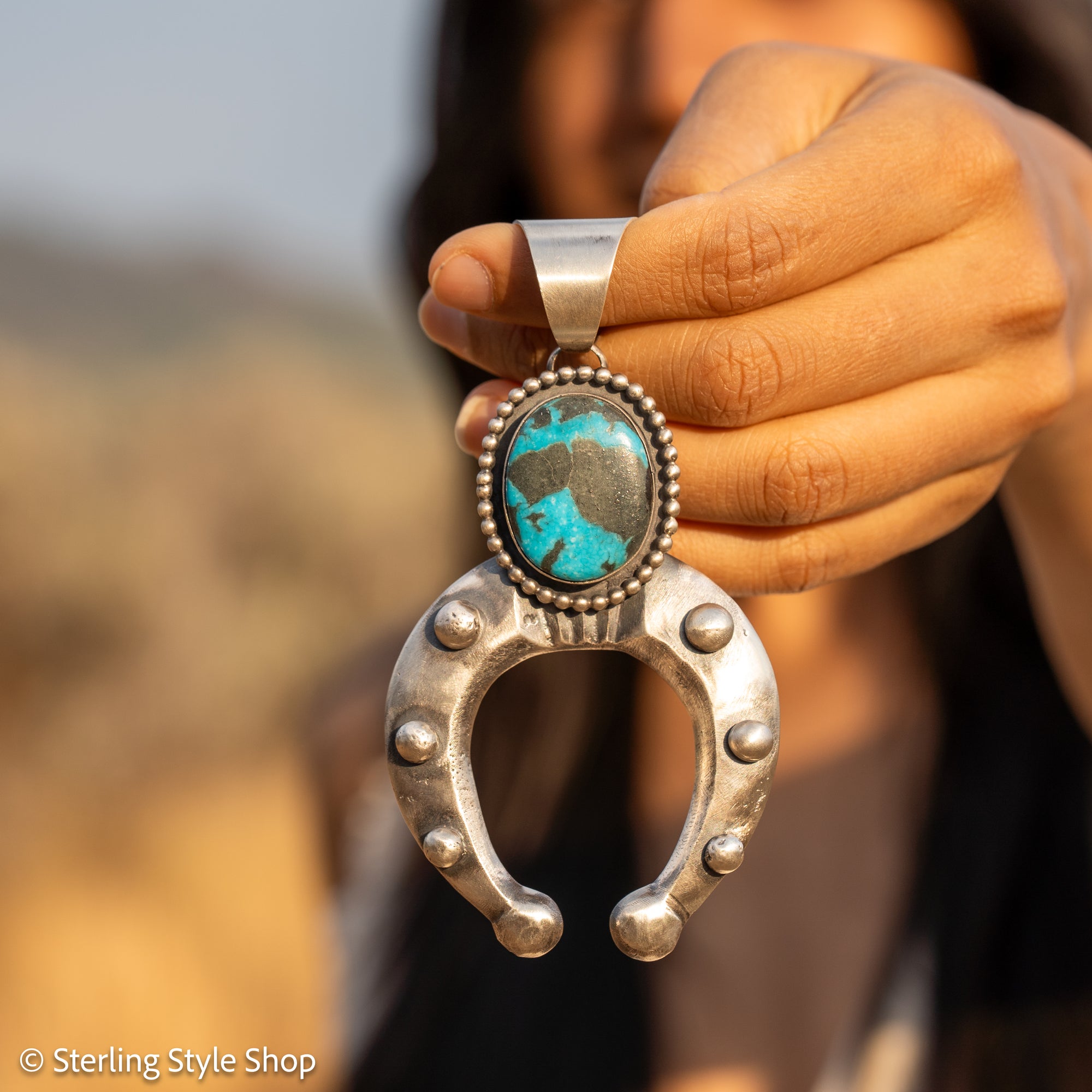 Chimney Butte Naja Pendant, Kingman Turquoise Oval, Domed Crescent, Navajo Sterling